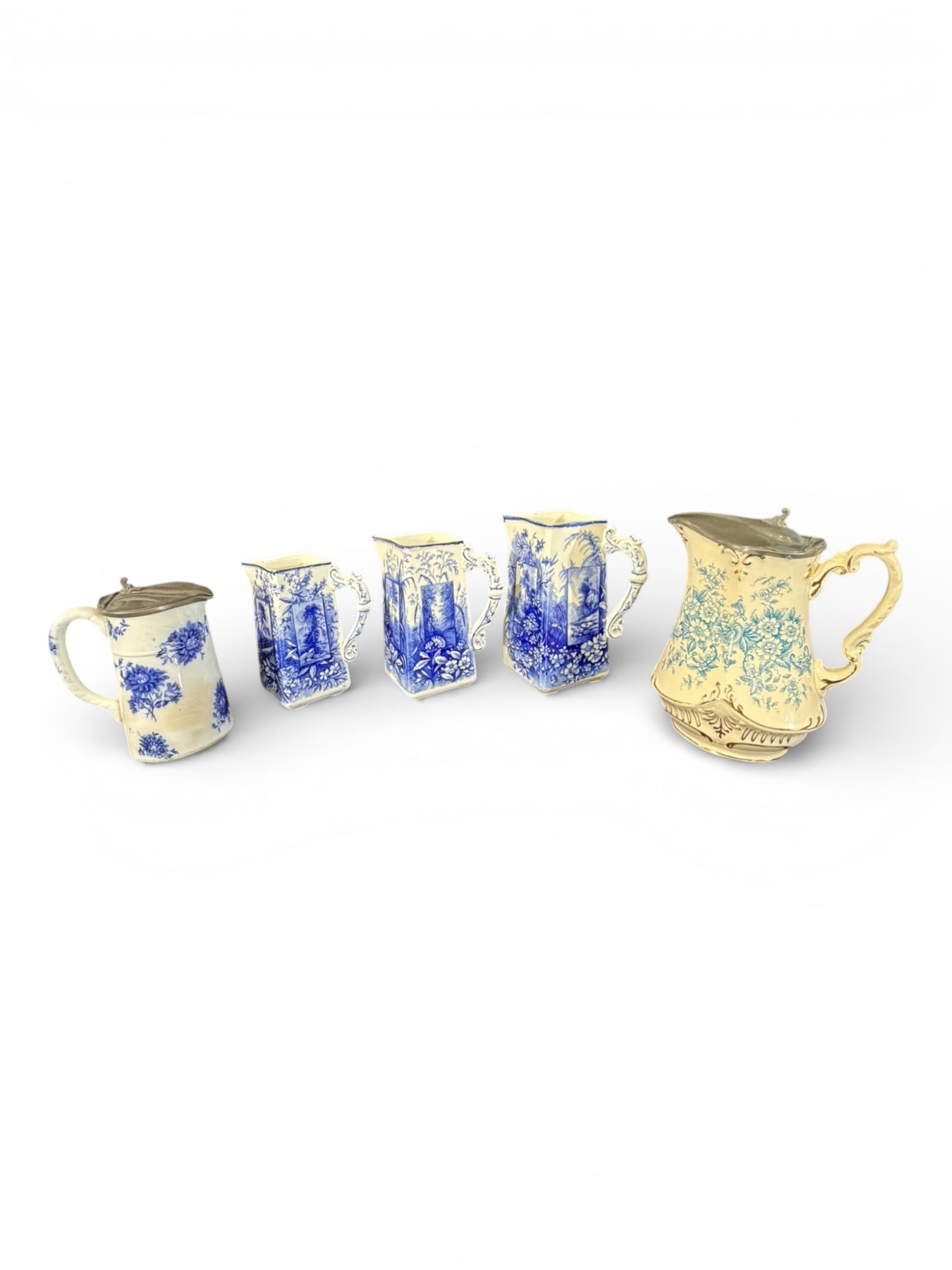 Five English Blue Transferware Pitchers, 19th Century (1 of 7)