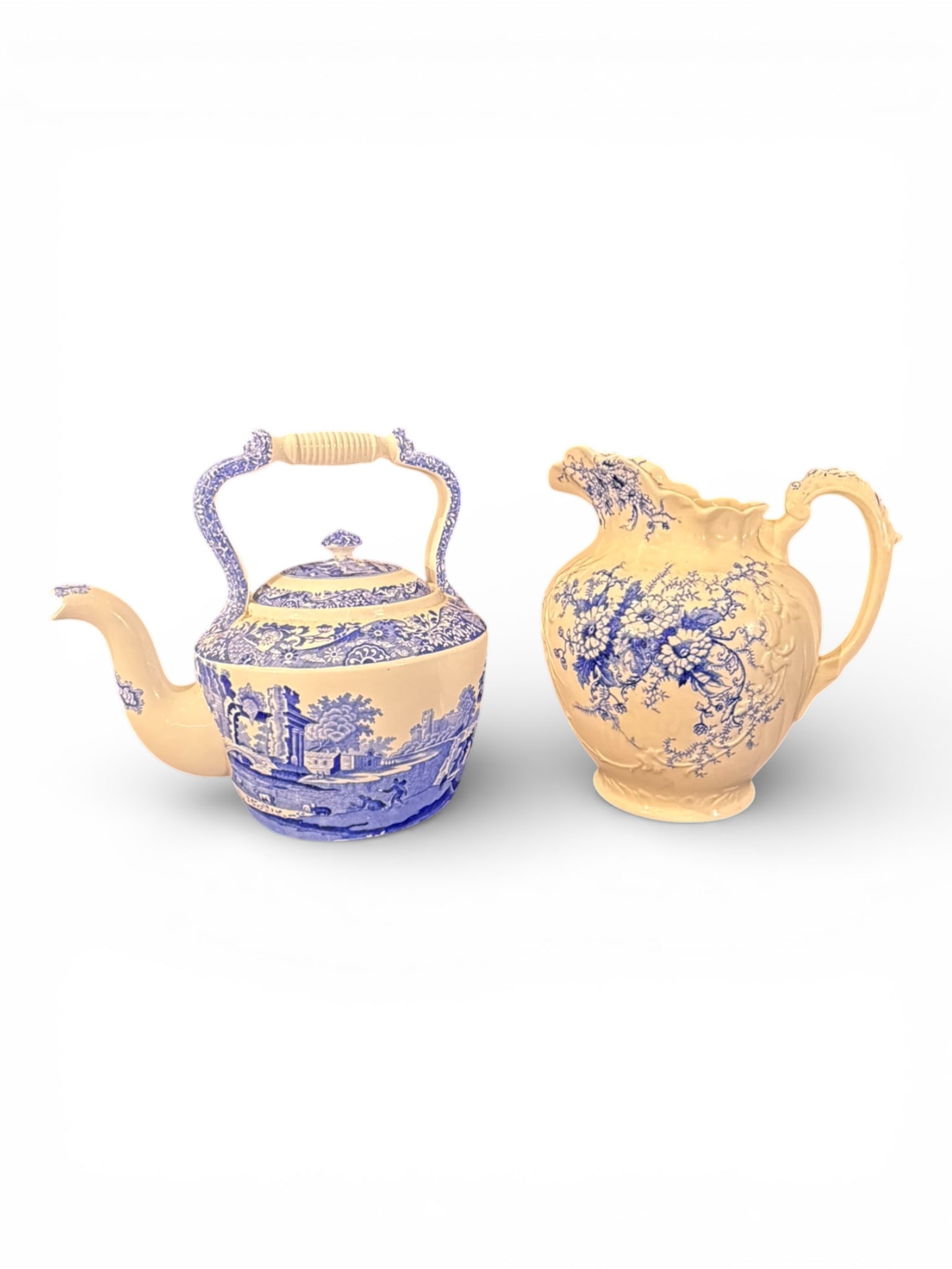 Two Blue and White Transferware Tablewares — Blue Willow Teapot and Floral Water Pitcher (1 of 5)
