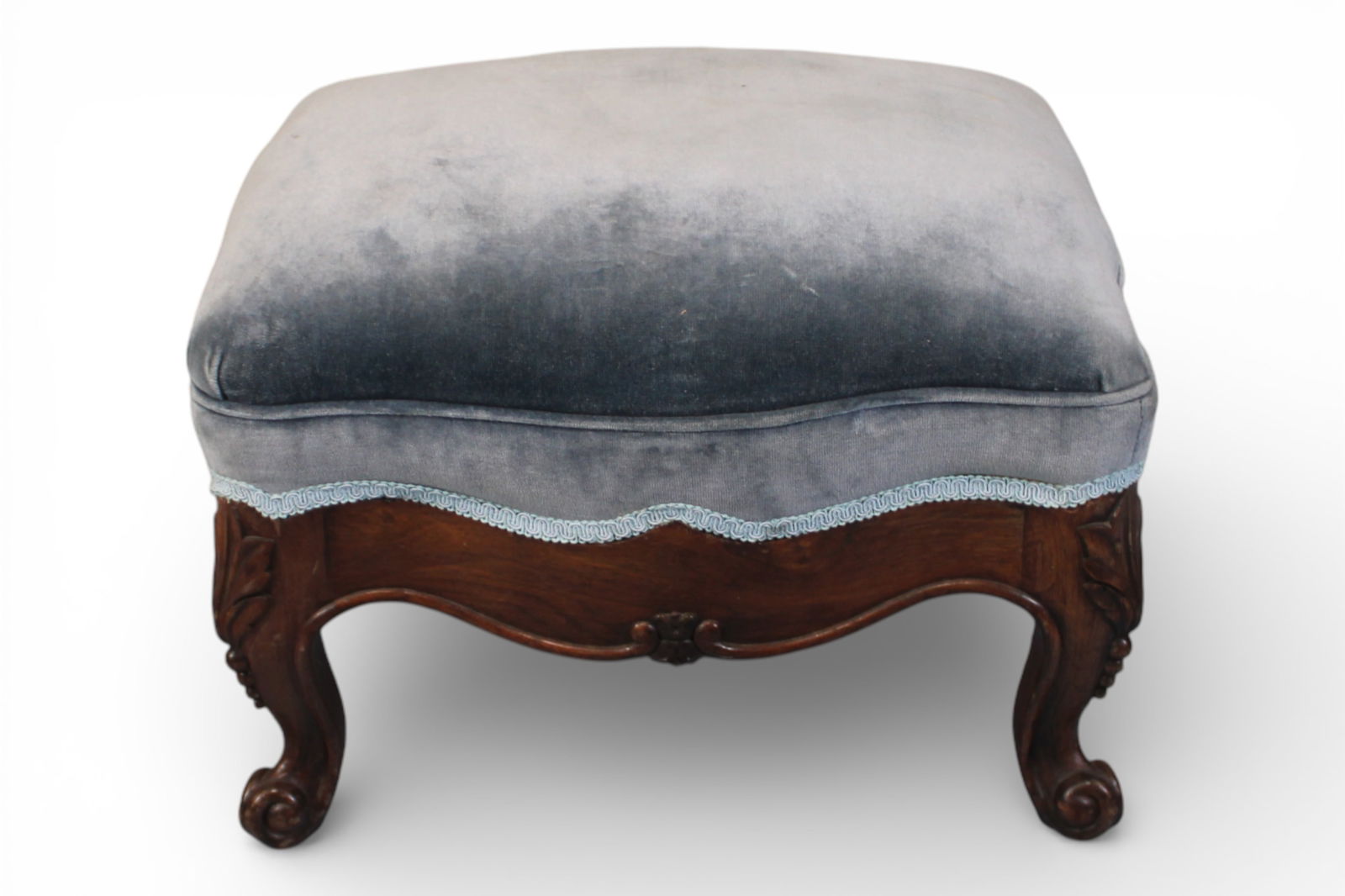 Victorian Rosewood Rococo Footstool, Blue Velvet Upholstery (1 of 4)