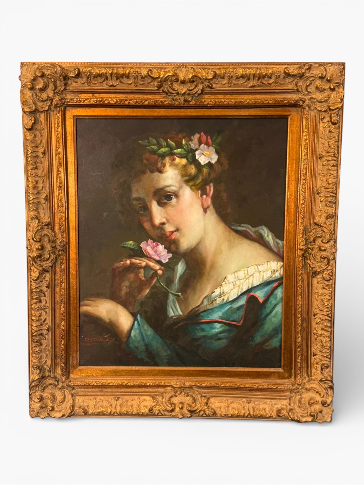 Classical Style Figural Oil on Canvas Portrait: A companion classical-style figural portrait depicting a youthful female figure crowned with flowers and holding a rose, rendered in the manner of Old Master Italian and French Baroque painting. The s