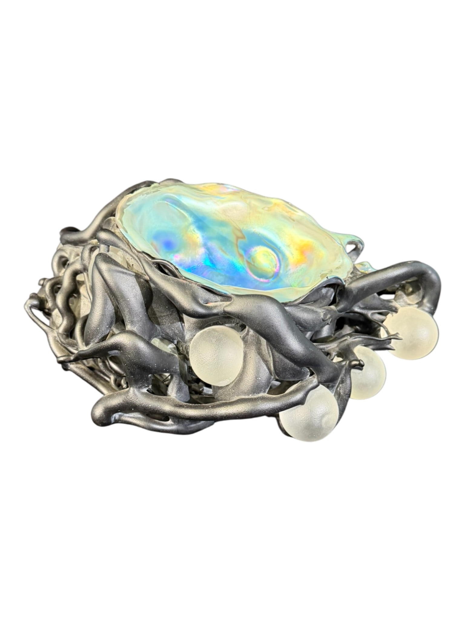 Josh Simpson (American, b. 1949) Tekitite Studio Art Glass Sculpture, 1989: Hand-blown art glass vessel by noted American studio glass artist Josh Simpson, produced at his Tekitite Studio and dated 1989. The sculptural form features an organic, nest-like exterior structure