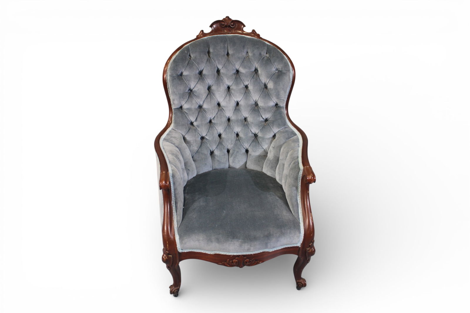 Victorian Upholstered Arm Parlor Chair in Blue Velvet (1 of 5)