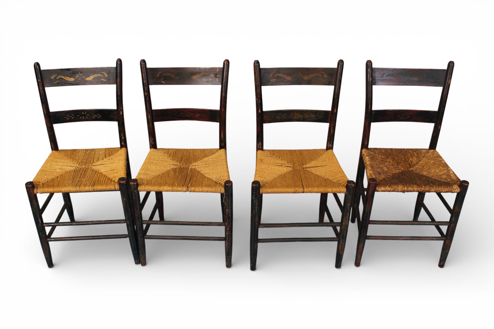 Set of Four Early American Painted Slat-Back Chairs with Rush Seats (1 of 2)