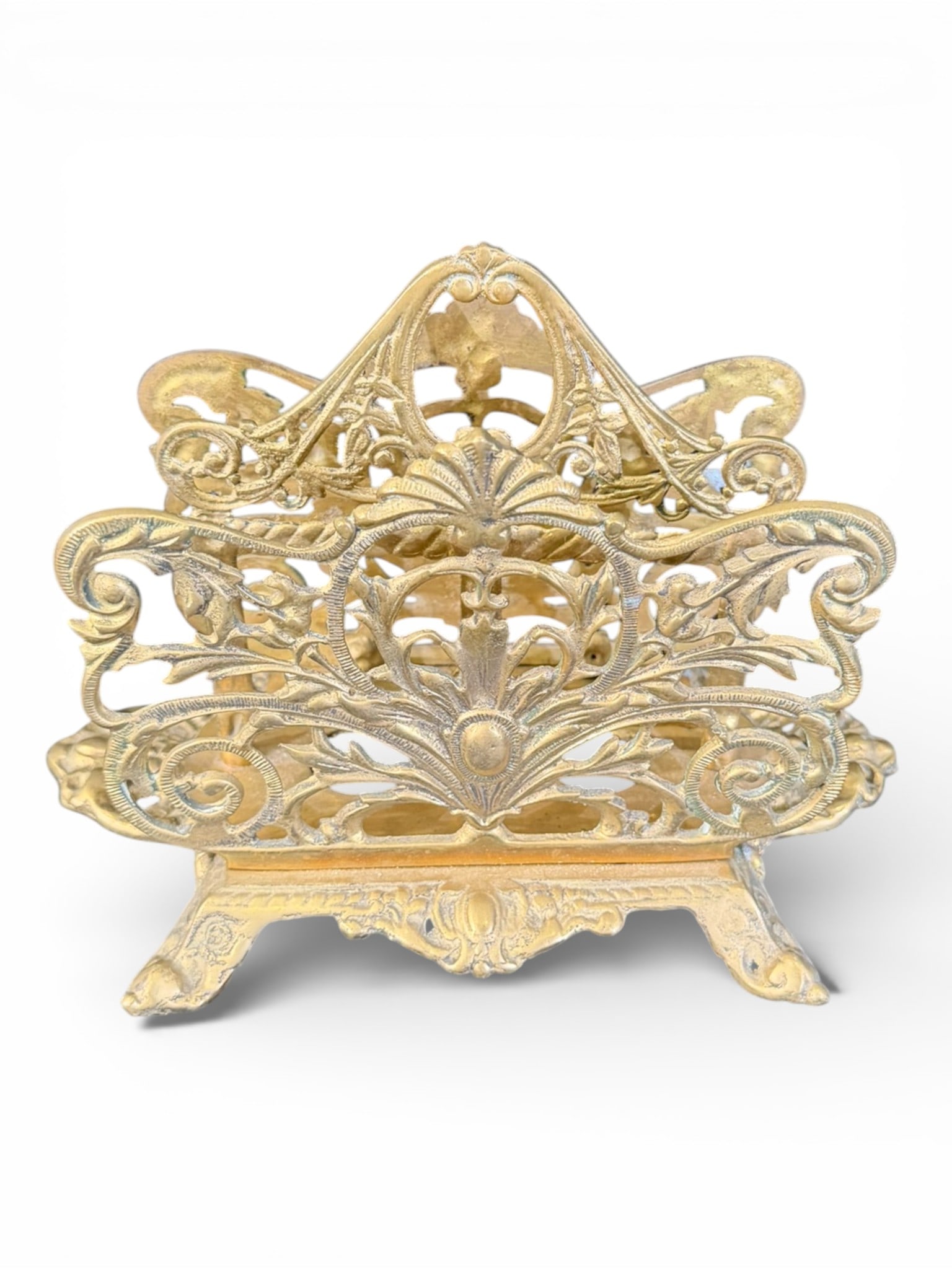Bradley & Hubbard Cast Brass Letter Holder, 19th Century: Late 19th century American cast brass letter holder by Bradley & Hubbard, richly ornamented in the Rococo Revival taste with scrolling acanthus foliage, shell motifs, and pierced openwork panels. The
