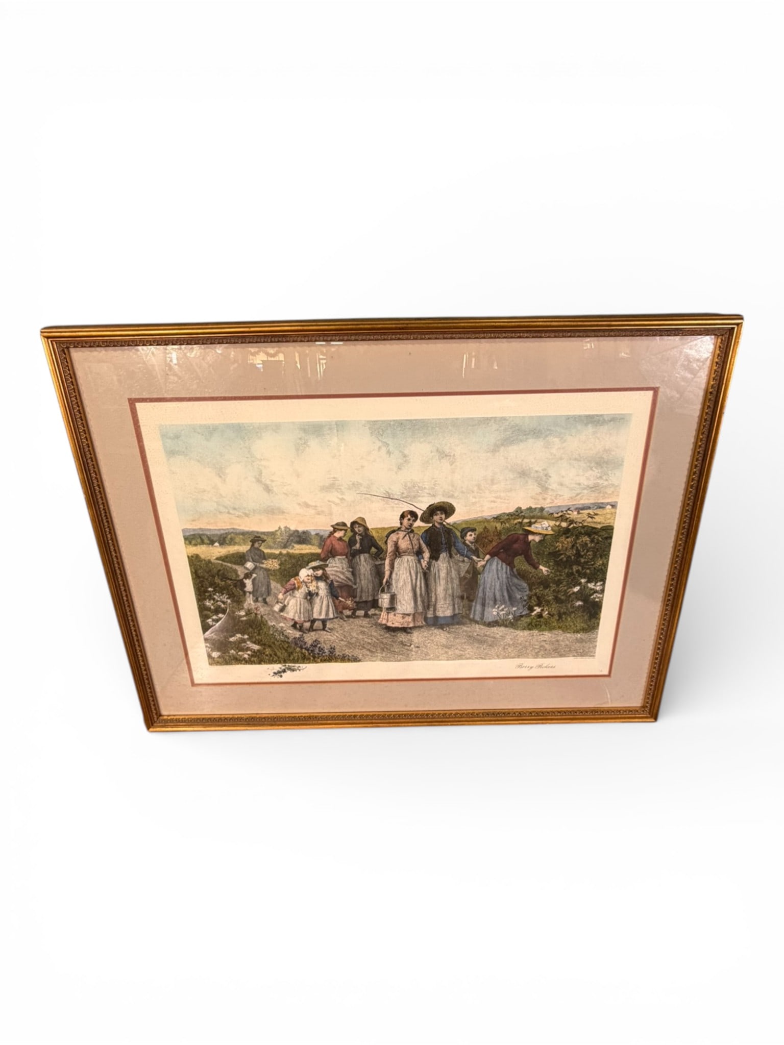 Print of Berry Pickers (after etching by Jas S. King): A framed color print titled “Berry Pickers,” depicting a rural landscape scene with a group of women and children gathering berries along a path, rendered in soft naturalistic tones with fine