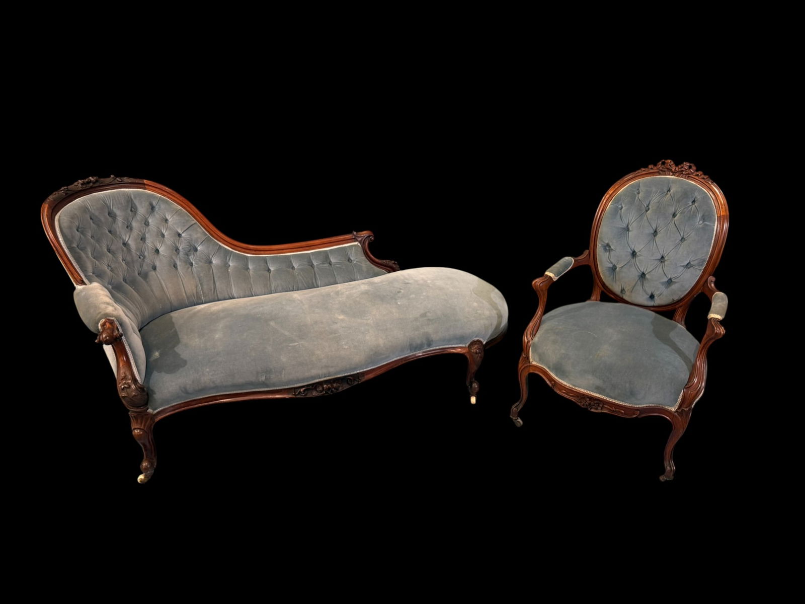 Victorian Tufted Blue Velvet Recamier and Armchair (1 of 7)