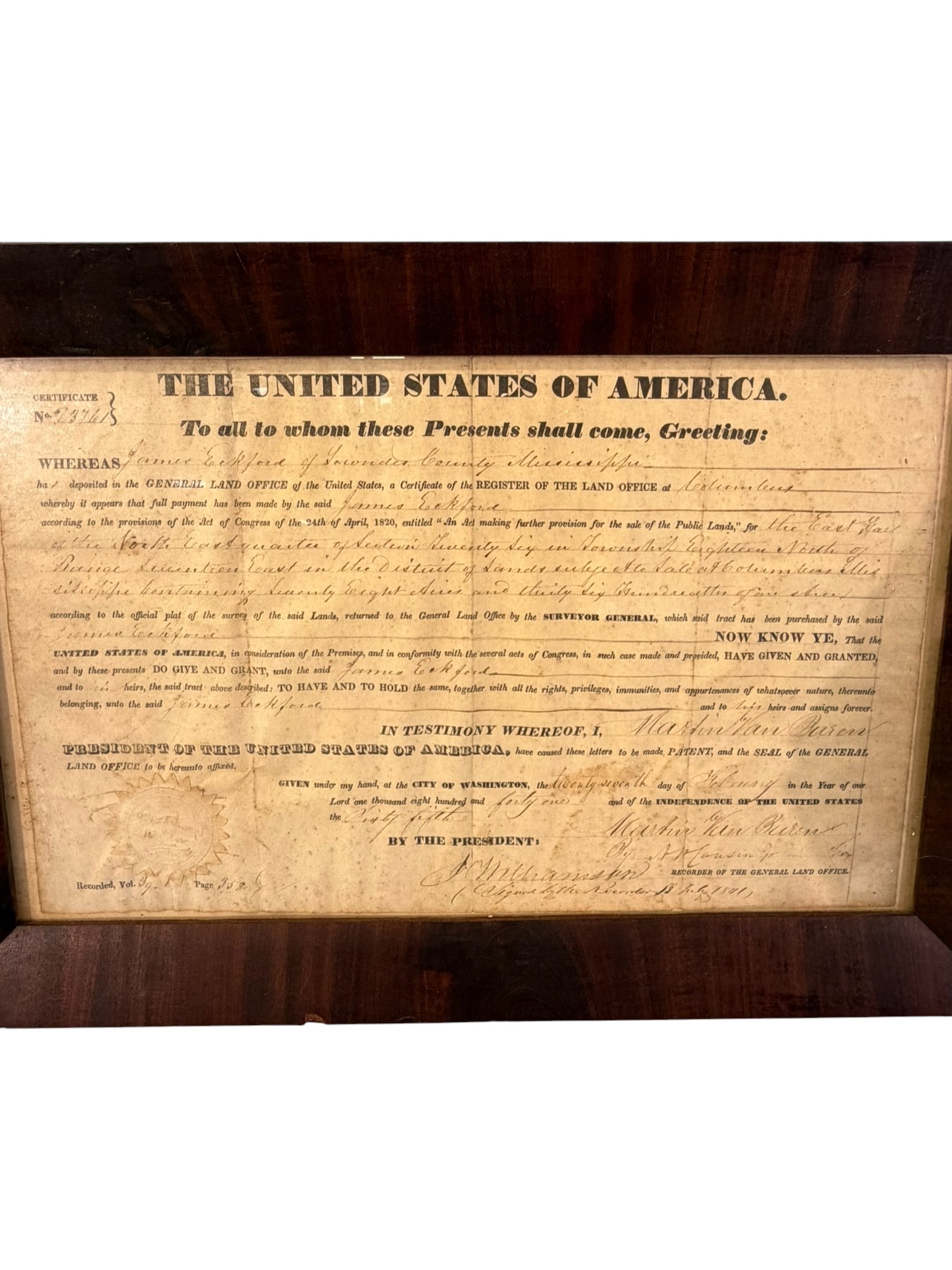 Martin Van Buren Signed United States Land Grant, Columbus, Mississippi, 1841 (1 of 1)