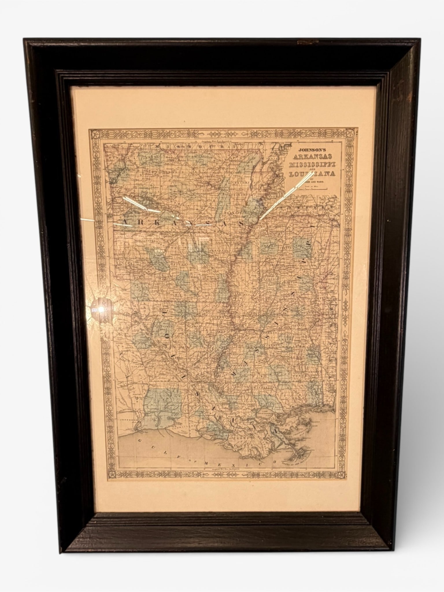 Johnson and Ward Map of Arkansas, Mississippi and Louisiana: Hand-colored engraved map titled Johnson’s Arkansas, Mississippi and Louisiana, published by Johnson and Ward, depicting the lower Mississippi River valley in rich cartographic detail. The