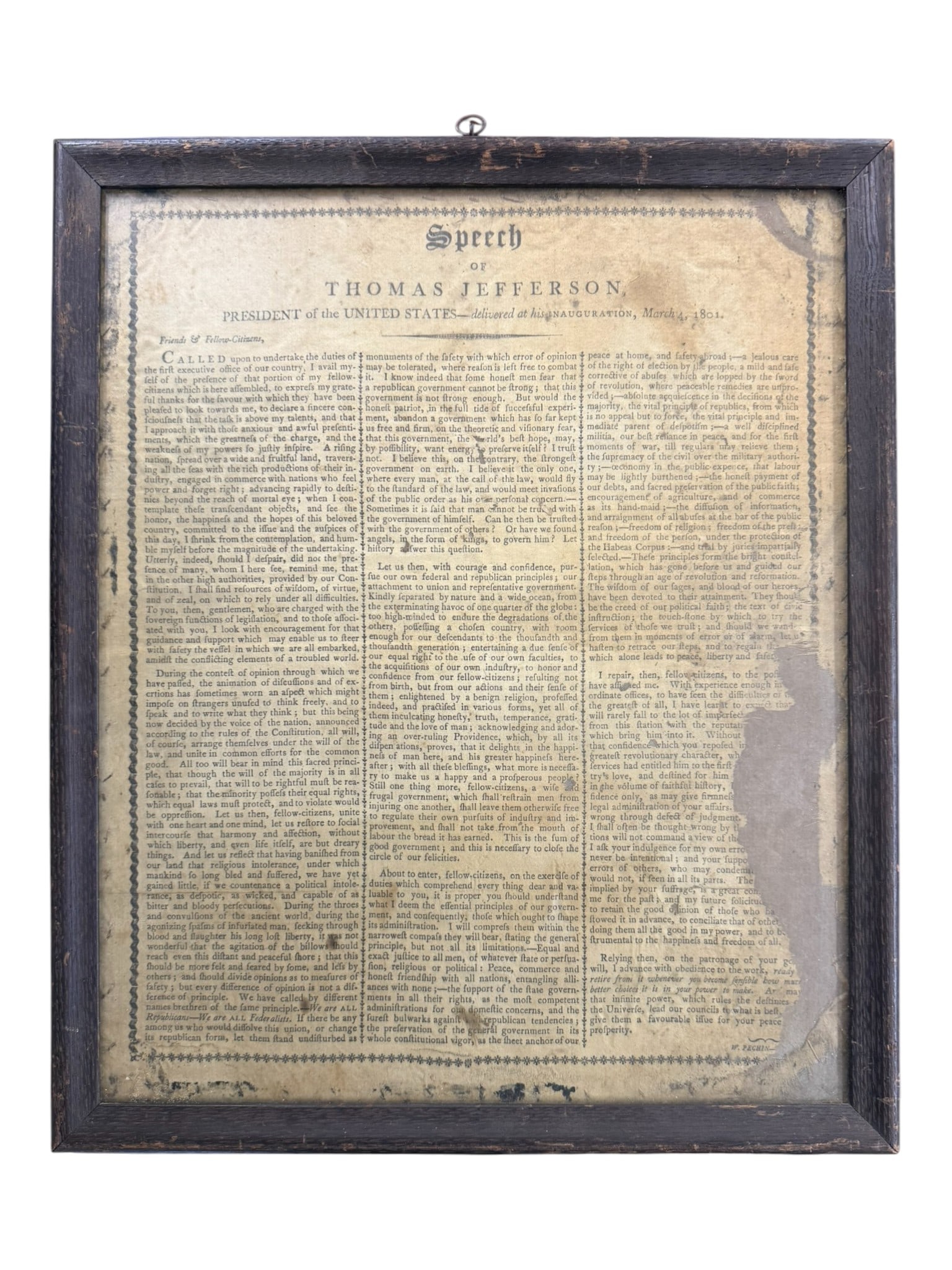 Thomas Jefferson Inaugural Address Broadside, 1801 (1 of 2)