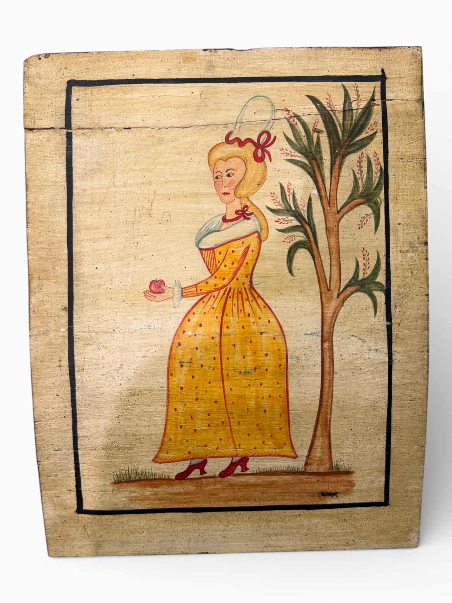Koleman Folk Art Painting on Board, Lady in Yellow: Charming folk art painting on board signed “Koleman,” depicting a stylized young lady in a bright yellow gown holding a small red apple, posed beside a slender tree with delicate foliage. Exec
