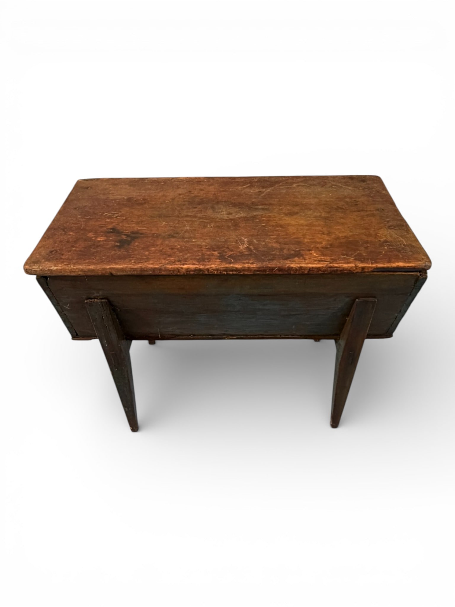 Primitive American Pine Dough Box on Stand in Original Blue Paint: A charming and honest example of early American country craftsmanship, this primitive pine dough box retains wonderful traces of its original blue painted surface, now mellowed to a soft, smoky tone t