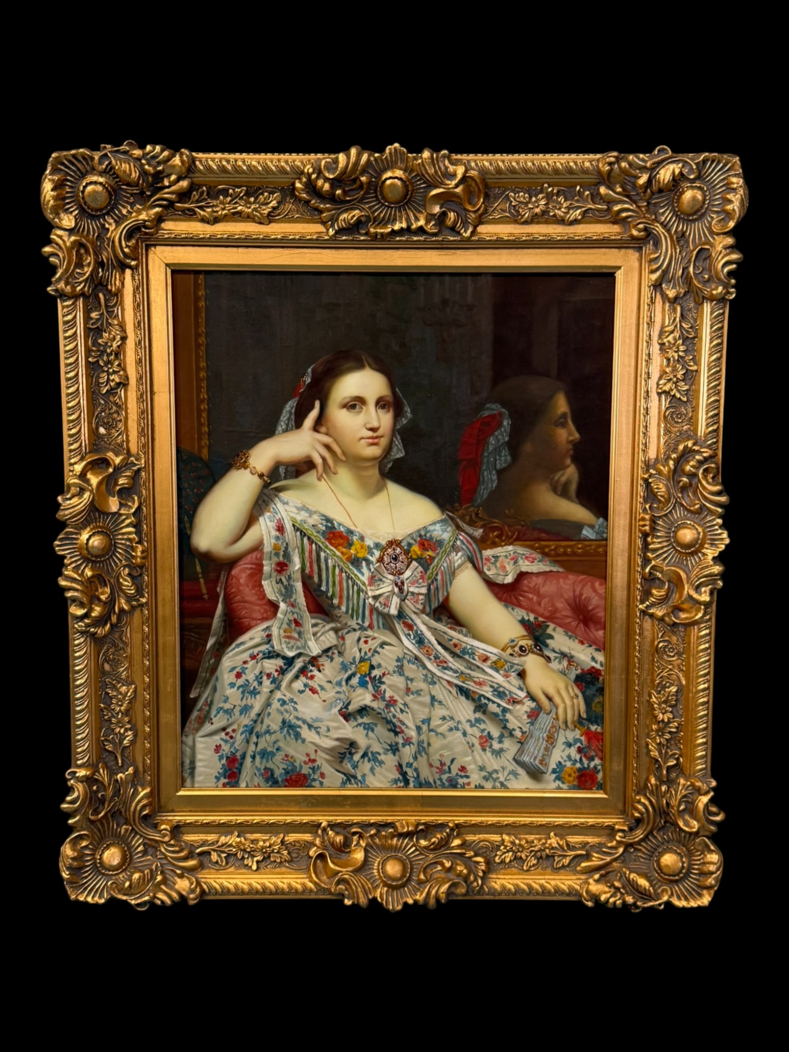 Victorian-Style Oil on Canvas Portrait of a Woman in Floral Dress (1 of 3)