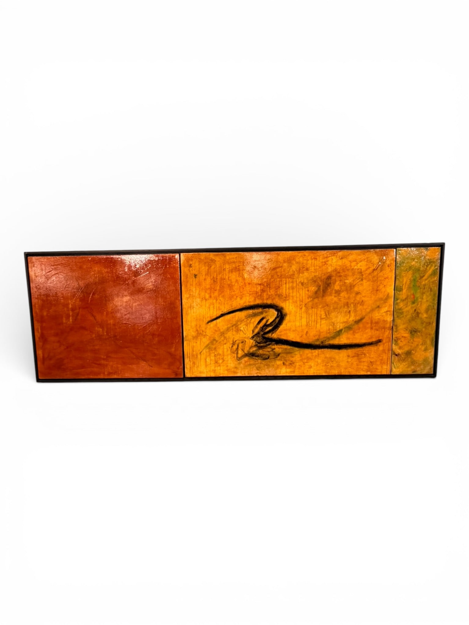 Signed Modern Abstract Oil on Canvas, “Abstract 25?? (Sadaske): Large contemporary abstract mixed media wall panel, composed in a horizontal triptych-style format with three adjoining fields of color. The composition features a bold central section in golden