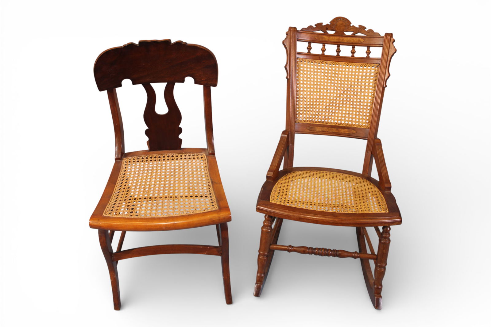 Pair of Lace Cane Chairs, Rocker and Side Chair (1 of 7)