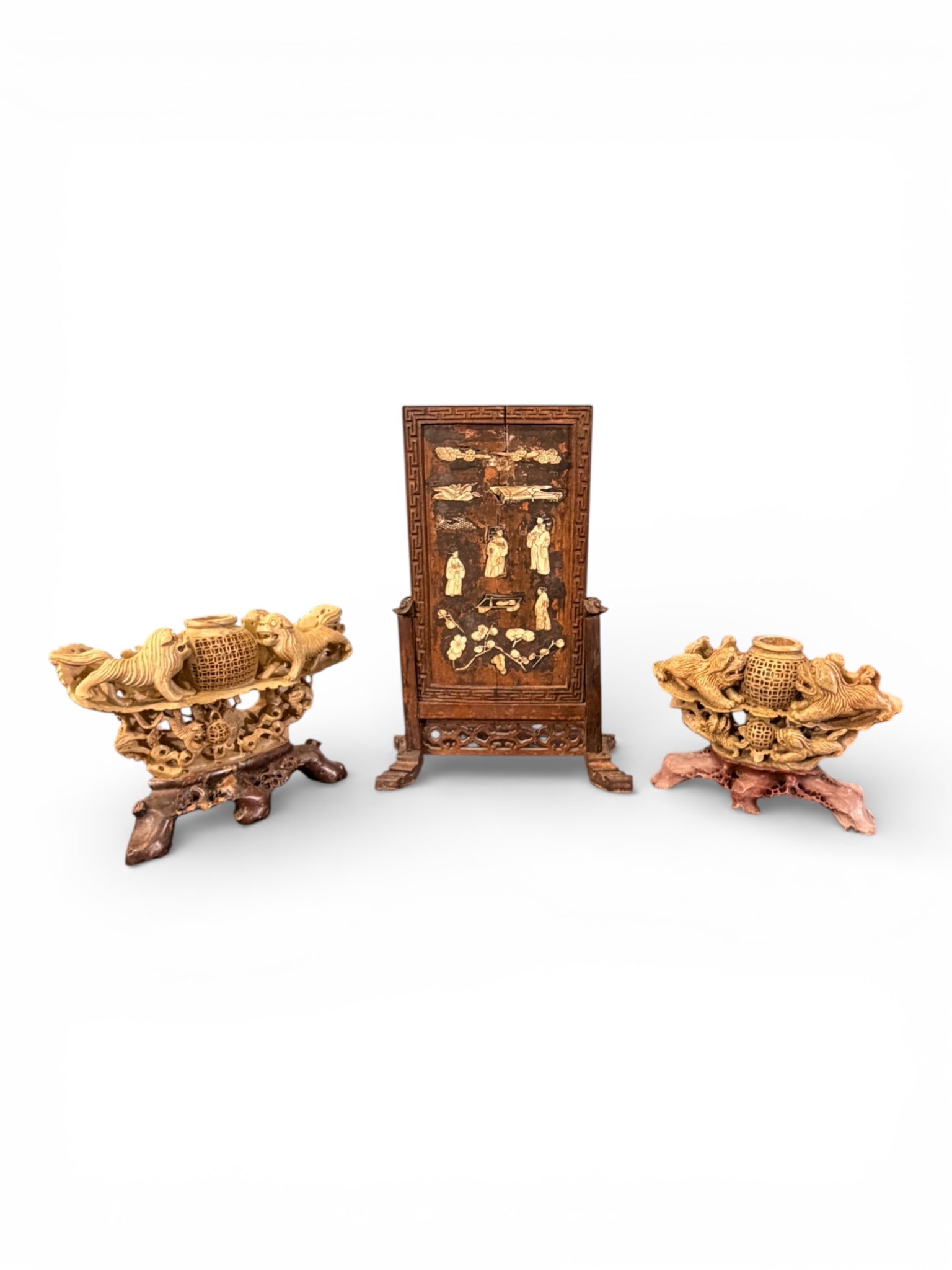Group of Three Chinese Decorative Objects (Soapstone Vessels & Table Screen) (1 of 4)