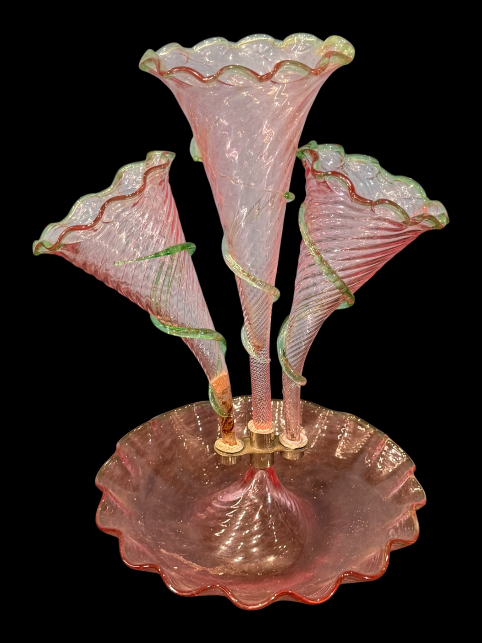 Pink Handblown Art Glass Epergne with Three Trumpets (1 of 2)