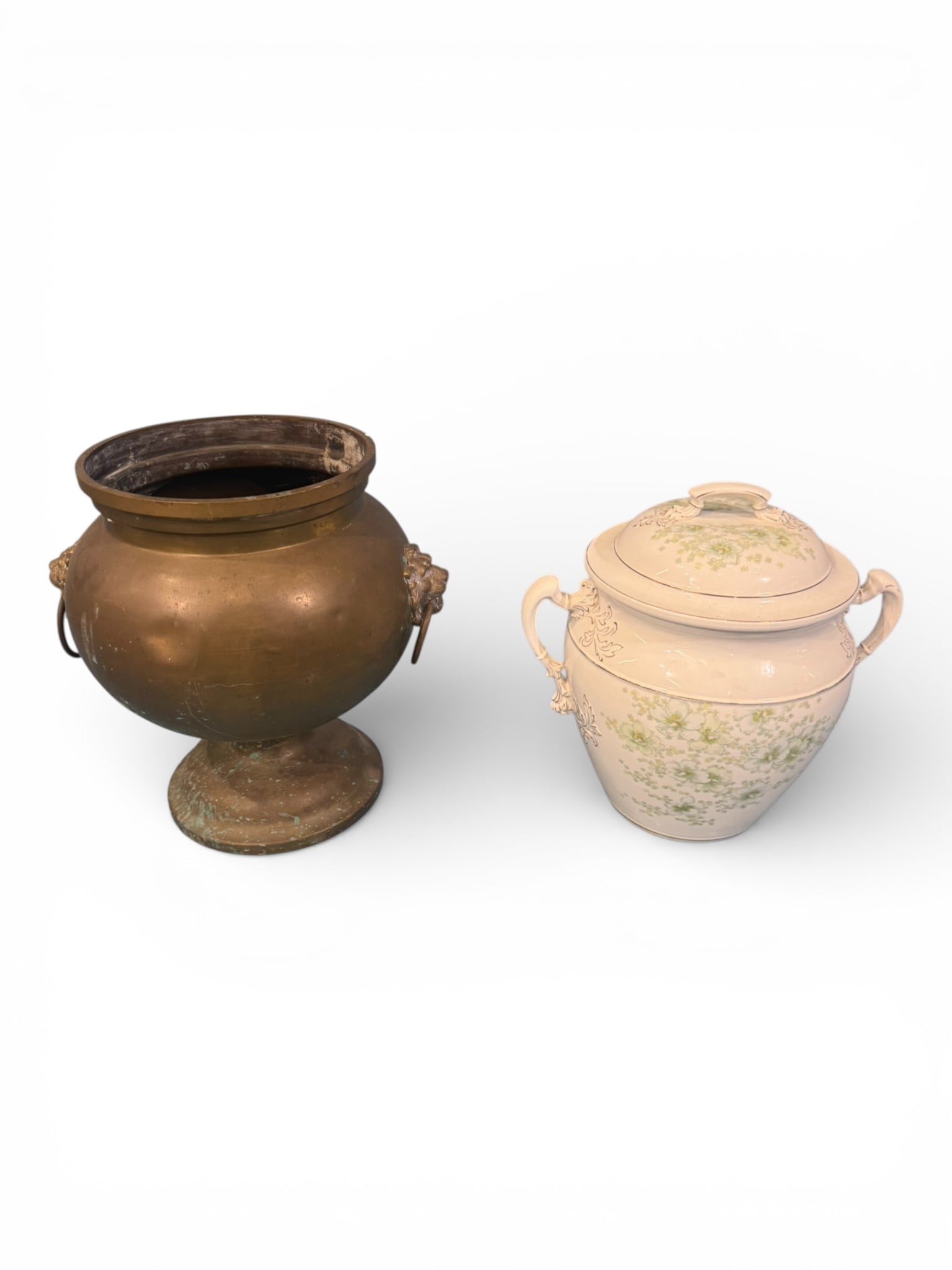 Group of Decorative Household Vessels, Brass Urn and Porcelain Chamber Pot (1 of 5)