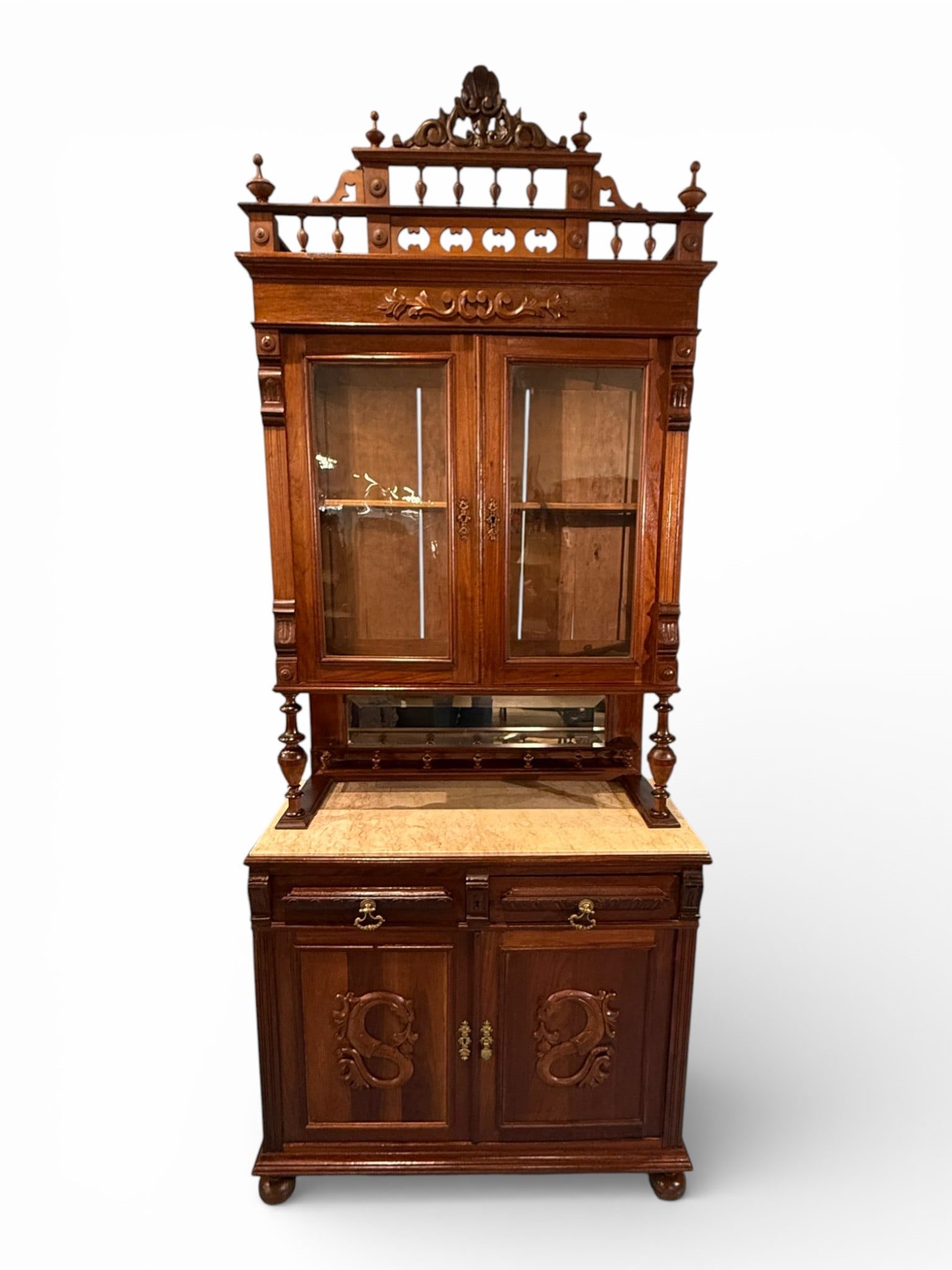 Victorian Walnut China Cabinet with Marble Top (1 of 6)