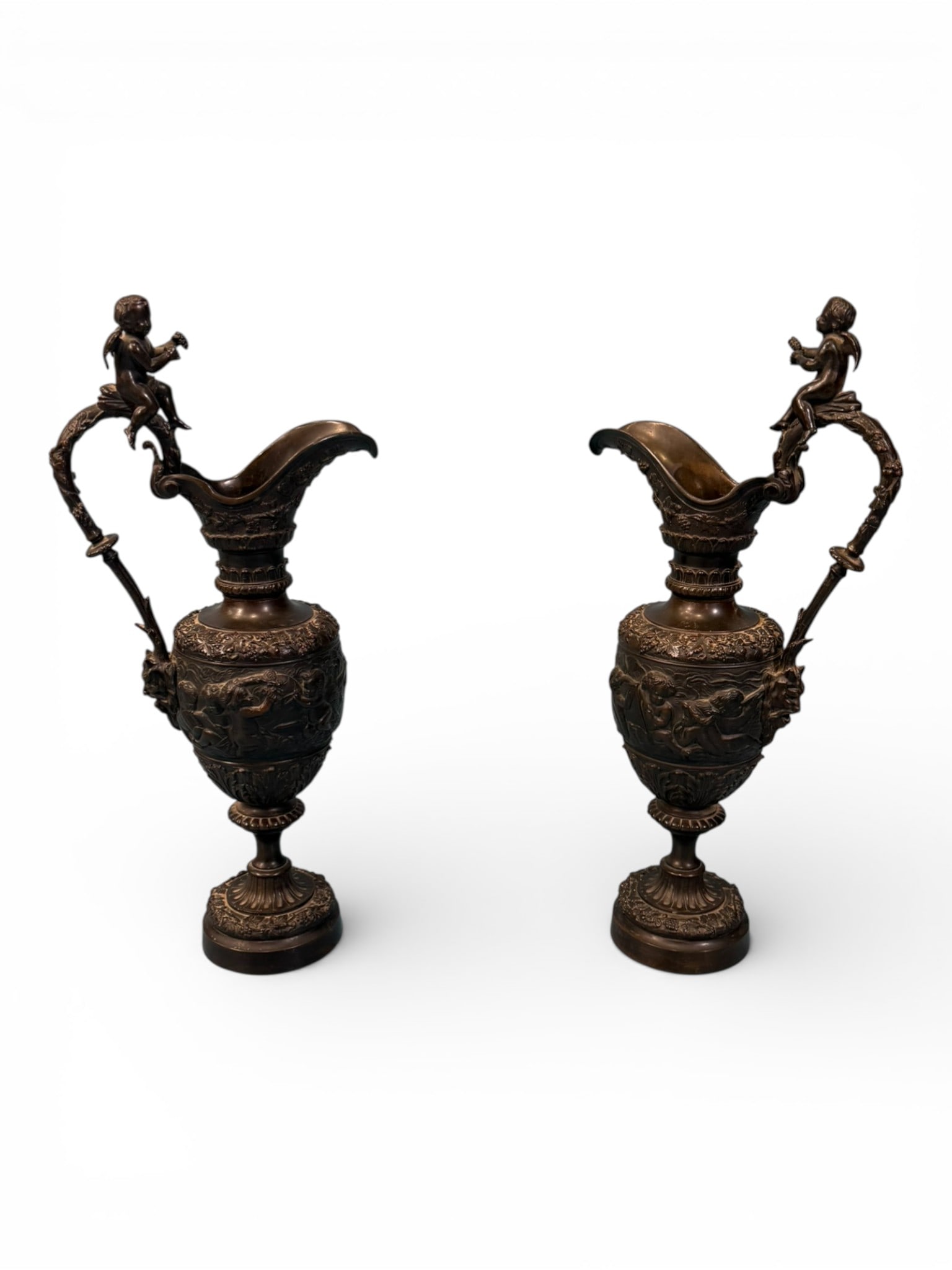 Pair of Ornate Figural Bronze or Brass Ewers with Cherub Handles (1 of 6)
