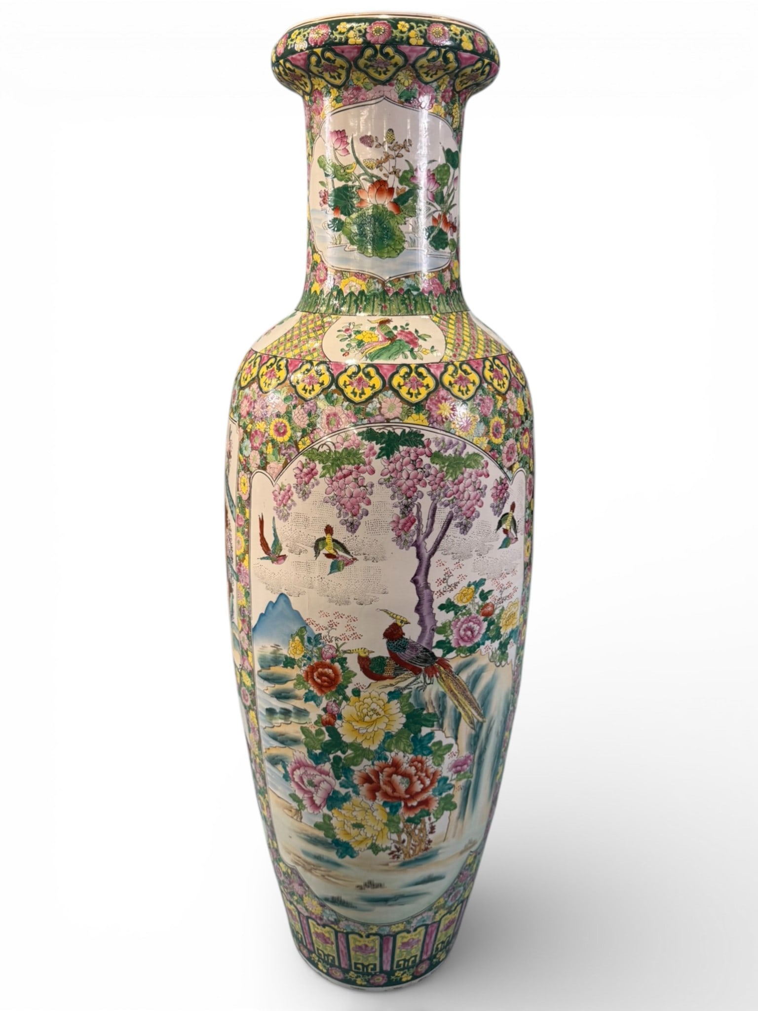 Large Japanese Satsuma-Style Floor Vase with Birds and Blossoms: Monumental Japanese Satsuma-style porcelain floor vase of baluster form with flared rim, profusely decorated in polychrome enamels and gilt. The surface is richly adorned with dense millefleur ground