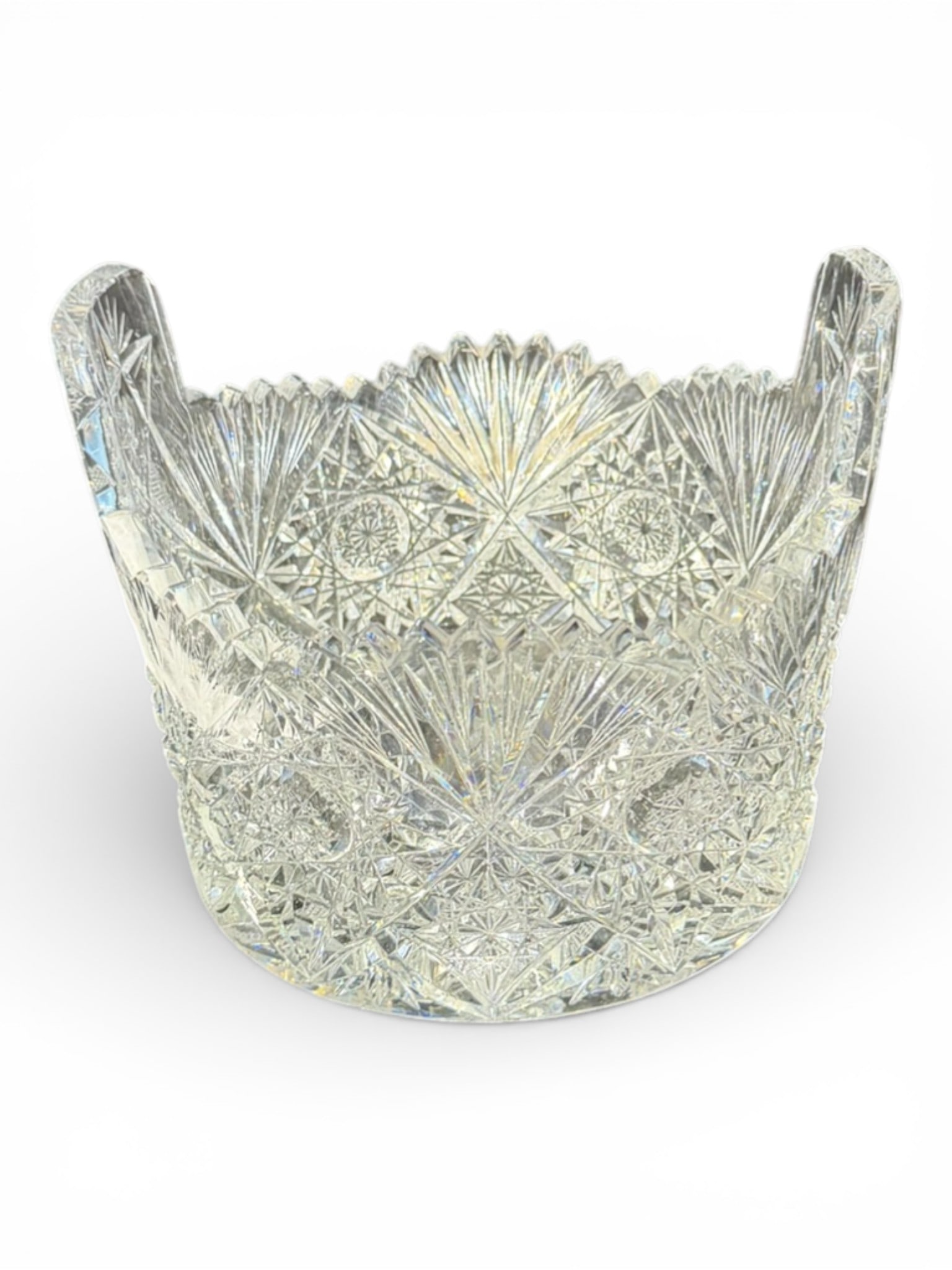 American Brilliant Period Cut Glass Bowl/Ice Bucket: American Brilliant Period cut glass bowl/ice bucket, late 19th to early 20th century, richly decorated in a dense allover pattern of hobstars, fan and strawberry diamonds, radiating starbursts, and cr