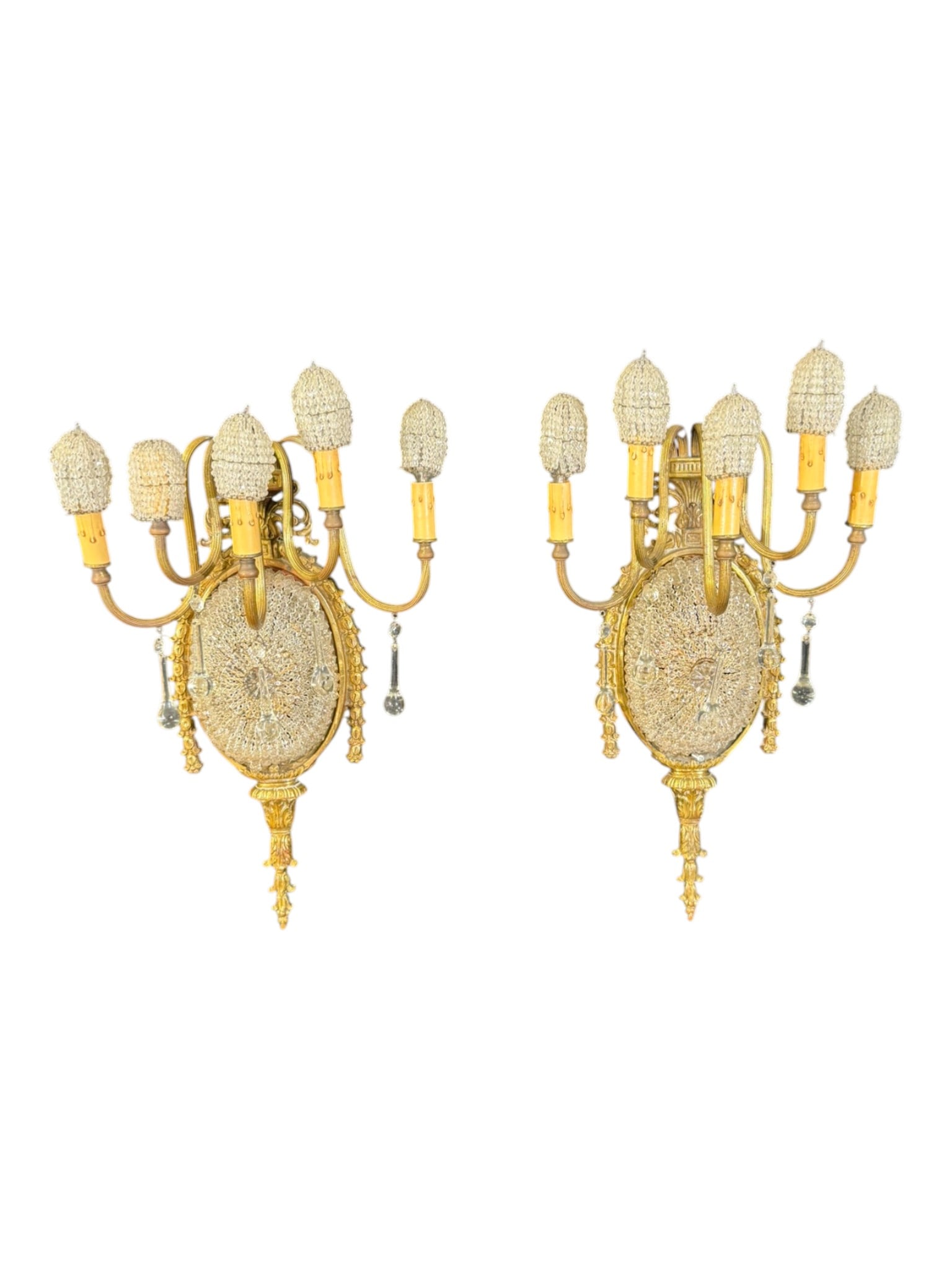 Pair of French Brass and Crystal Five-Light Wall Sconces (1 of 4)