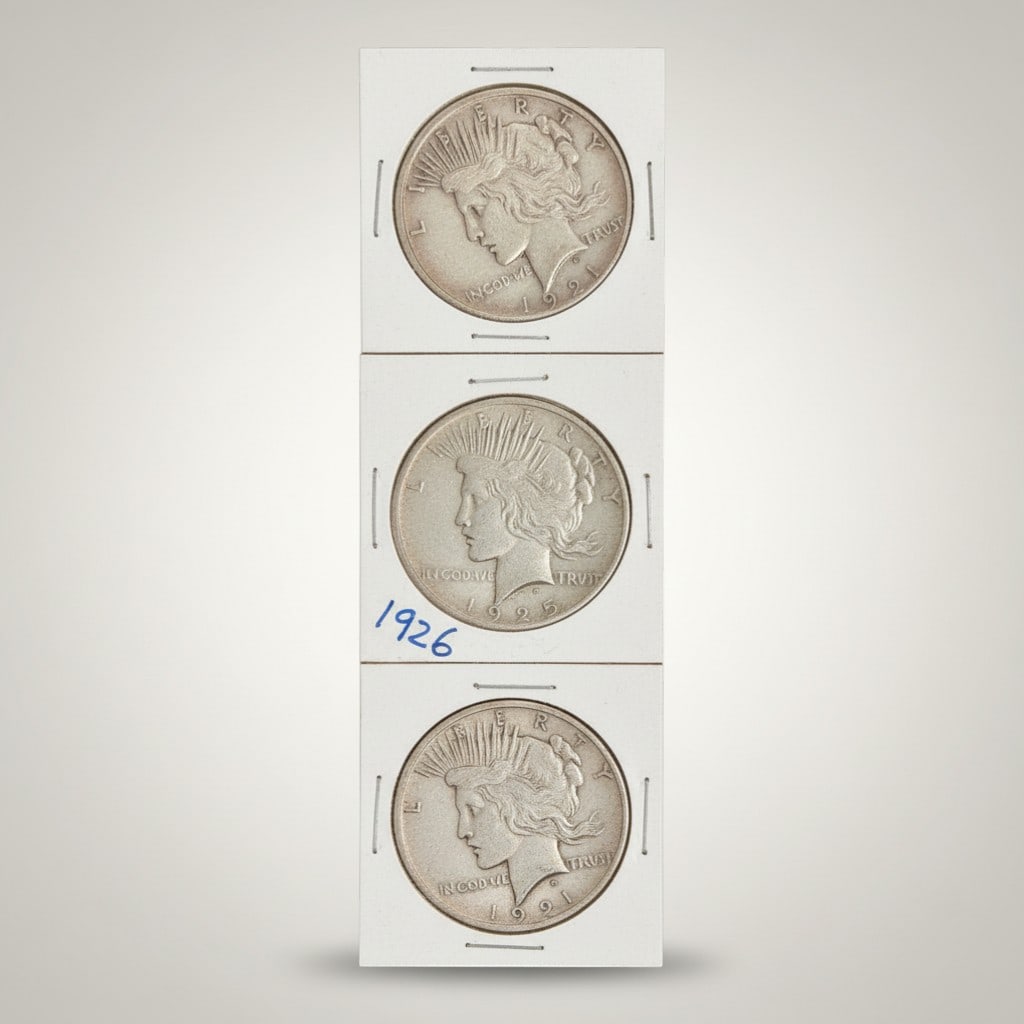 Three (3) Peace Silver Dollars 1921, 1925, 1926 Philadelphia Mint .900 Fine Silver (1 of 6)