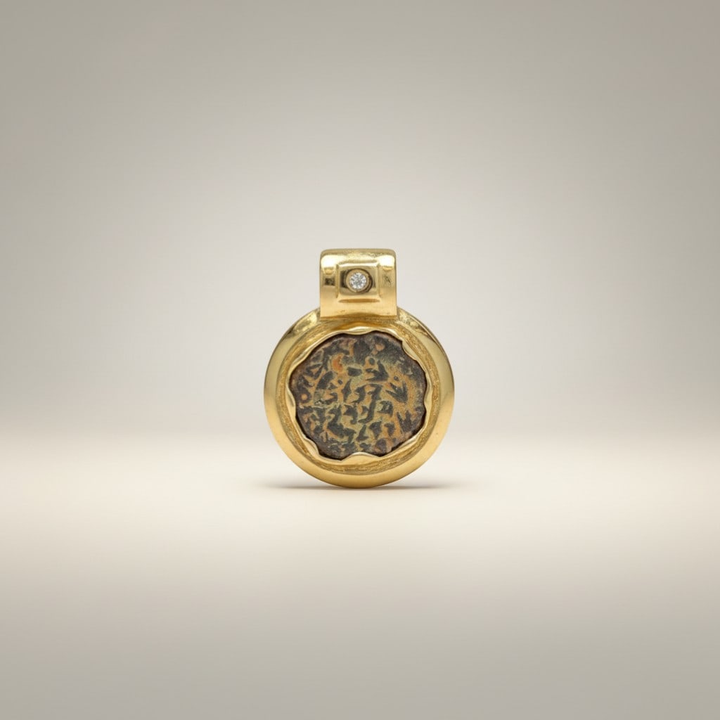 Ancient Jewish Bronze Prutah of John Hyrcanus II (Yonatan), 63-40 BCE, in 14K Gold Pendant Mount: Ancient Jewish bronze prutah of John Hyrcanus II (Yonatan), High Priest and ruler of Judea, 63-40 BCE, mounted in a custom 14K yellow gold pendant setting with diamond-accented bail. The obverse displ