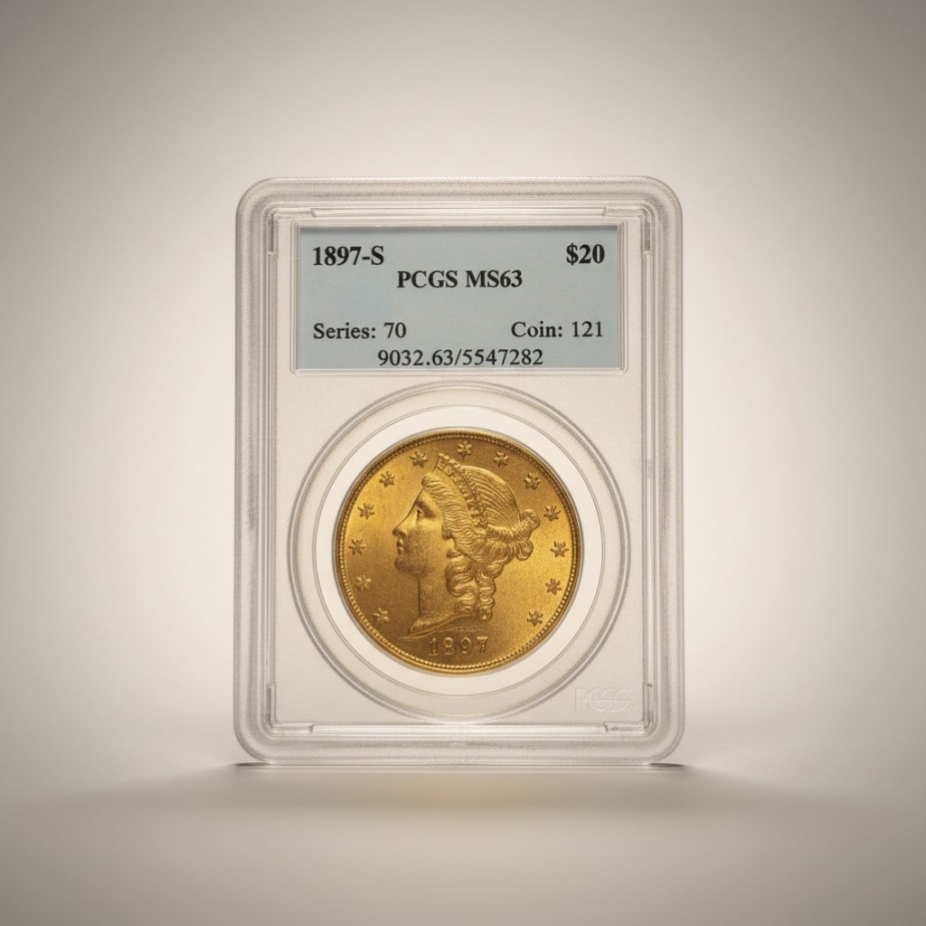 1897-S $20 Liberty Head Double Eagle, PCGS MS 63: Classic 1897-S Liberty Head Double Eagle struck at the historic San Francisco Mint and certified PCGS MS 63, an attractive Choice Mint State example of this important late-19th century American gold i