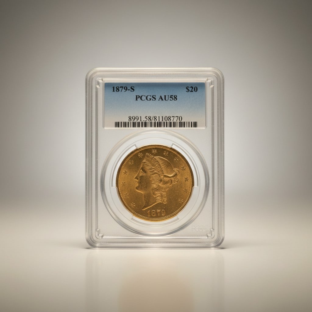 1879-S $20 Liberty Head Double Eagle, PCGS AU58: Attractive 1879-S Liberty Head Double Eagle struck at the prolific San Francisco Mint and certified PCGS AU58, an About Uncirculated grade just shy of Mint State. This example retains strong original