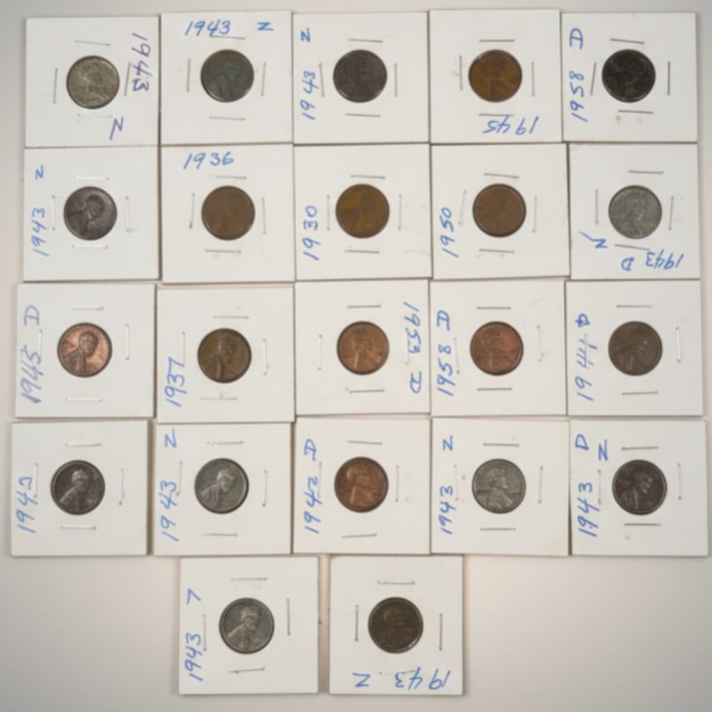 Collection of Twenty-Six Lincoln Cents Including Multiple WWII 1943 Steel Issues: Small collection of twenty-six United States Lincoln cents housed in 2x2 holders, highlighted by several 1943 steel cents struck during World War II when copper was reserved for wartime military