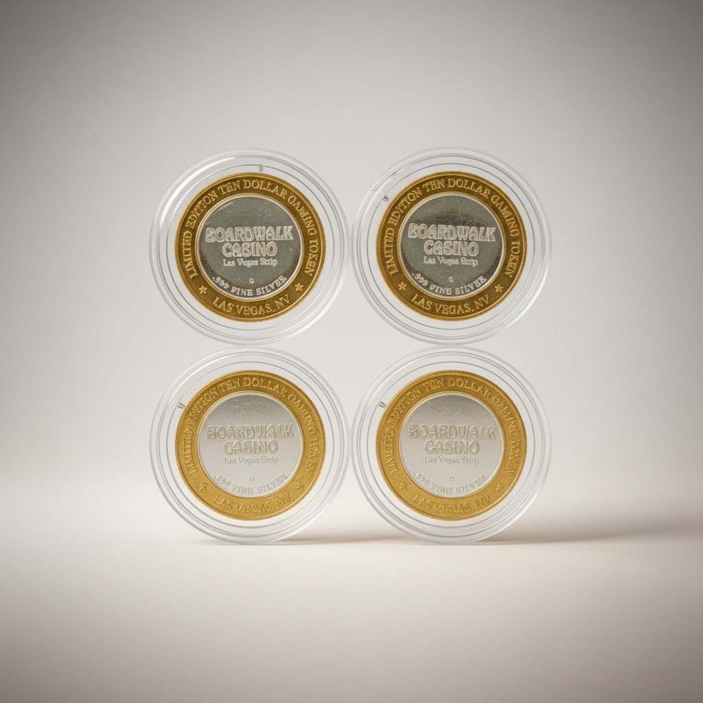 Four Boardwalk Hotel & Casino Las Vegas $10 Silver Strike Gaming Tokens: Group of collectible Silver Strike tokens issued by the former Boardwalk Hotel & Casino of Las Vegas, a property whose gaming memorabilia remains popular among casino history collectors.