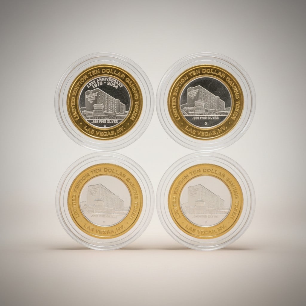 Four Barbary Coast Hotel & Casino Las Vegas Silver Strike Gaming Tokens: Additional group of Silver Strike gaming tokens issued by the Barbary Coast Hotel & Casino featuring themed commemorative imagery and .999 fine silver centers.