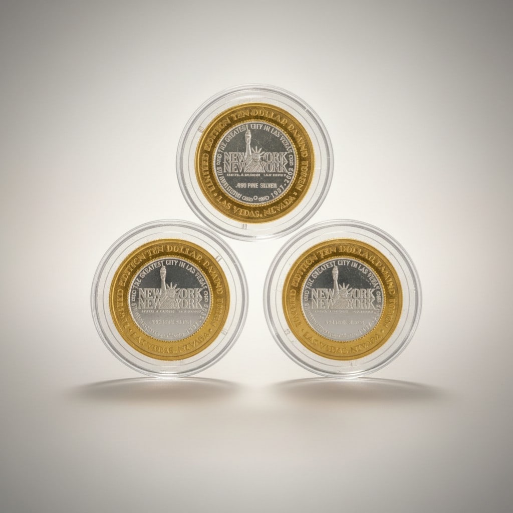 Three NY-NY Silver Strike Tokens: Group of three Silver Strike gaming tokens issued by the New York-New York Hotel & Casino on the Las Vegas Strip. Each token featuring themed casino imagery reflecting the resort?s New York City skyli