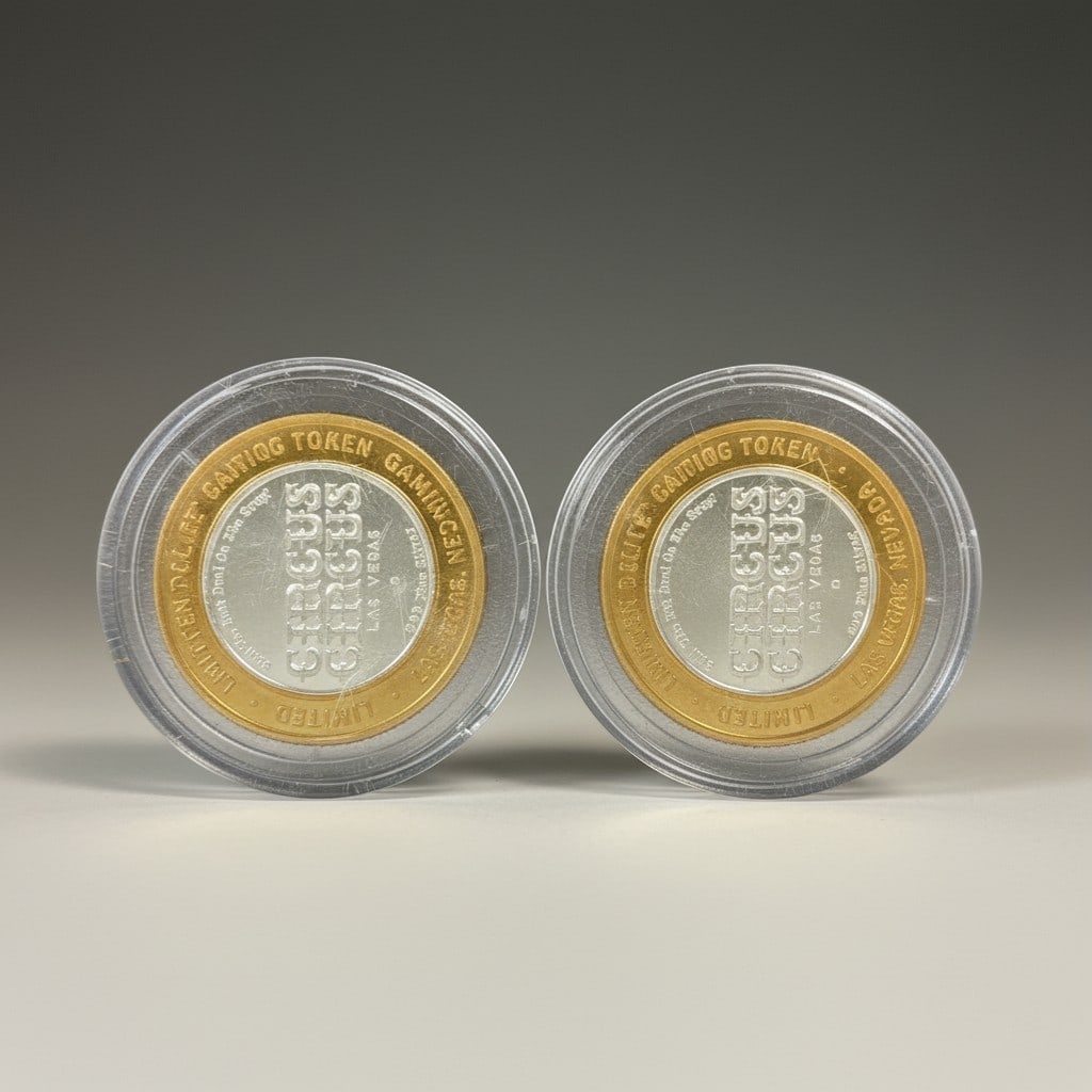 Two Circus Circus Silver Strike Tokens: Pair of Silver Strike gaming tokens issued by Circus Circus Hotel & Casino in Las Vegas, a longstanding family-oriented casino resort on the Strip. Each token featuring themed imagery and struck with
