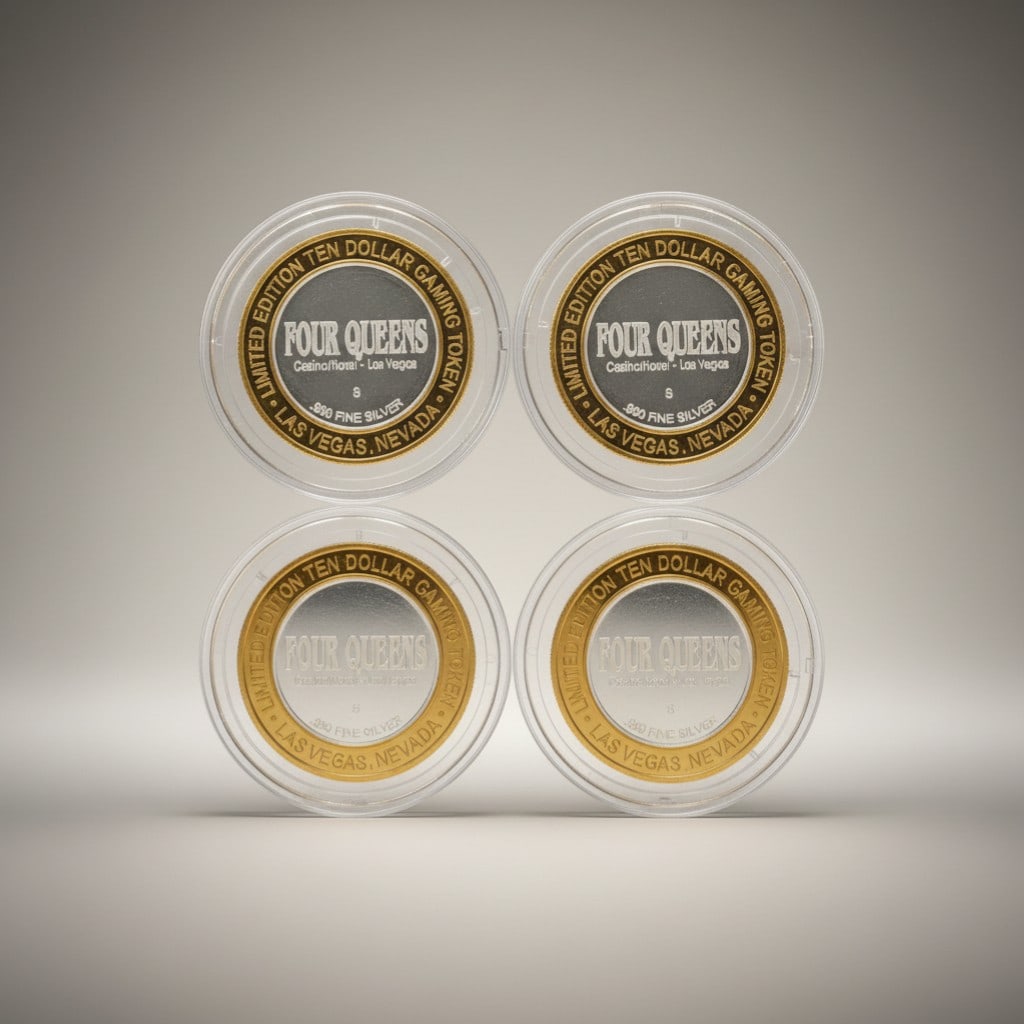 Four Four Queens Hotel & Casino Las Vegas Silver Strike Gaming Tokens: Additional group of Four Queens Silver Strike gaming tokens featuring themed casino imagery.