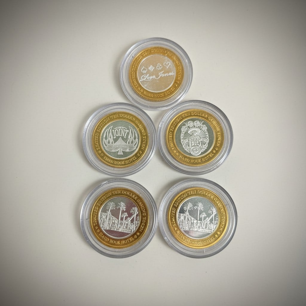 Five Hard Rock Hotel & Casino Las Vegas Silver Strike Gaming Tokens: Commemorative Silver Strike tokens issued by the Hard Rock Hotel & Casino Las Vegas, known for its music memorabilia and themed collectibles.
