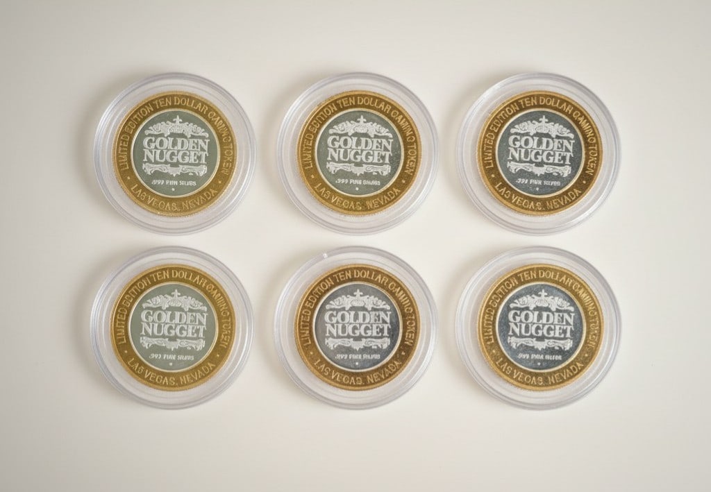 Six Golden Nugget Las Vegas Silver Strike Gaming Tokens: Additional group of Golden Nugget Silver Strike tokens featuring .999 fine silver centers.