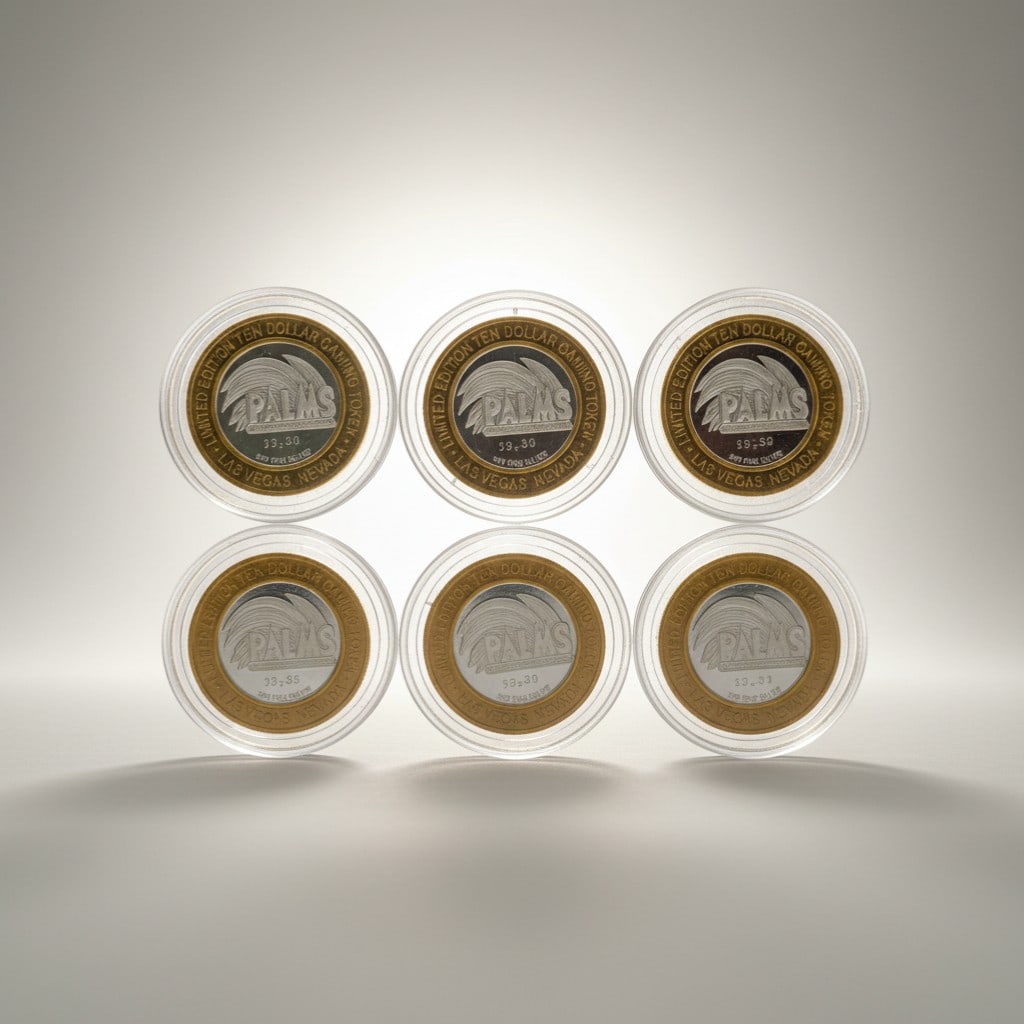 Six Palms Casino Resort Las Vegas Silver Strike Gaming Tokens: Silver Strike tokens issued by the Palms Casino Resort featuring themed casino imagery and .999 fine silver centers.