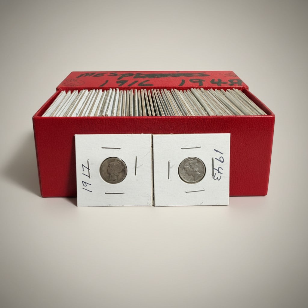 Collection of Ninety Mercury Silver Dimes, 1916-1945: Collection of ninety United States Mercury silver dimes dating from 1916 through 1945, housed individually in cardboard coin holders and stored in a red collector's box labeled Dimes 1916-1945. The Me