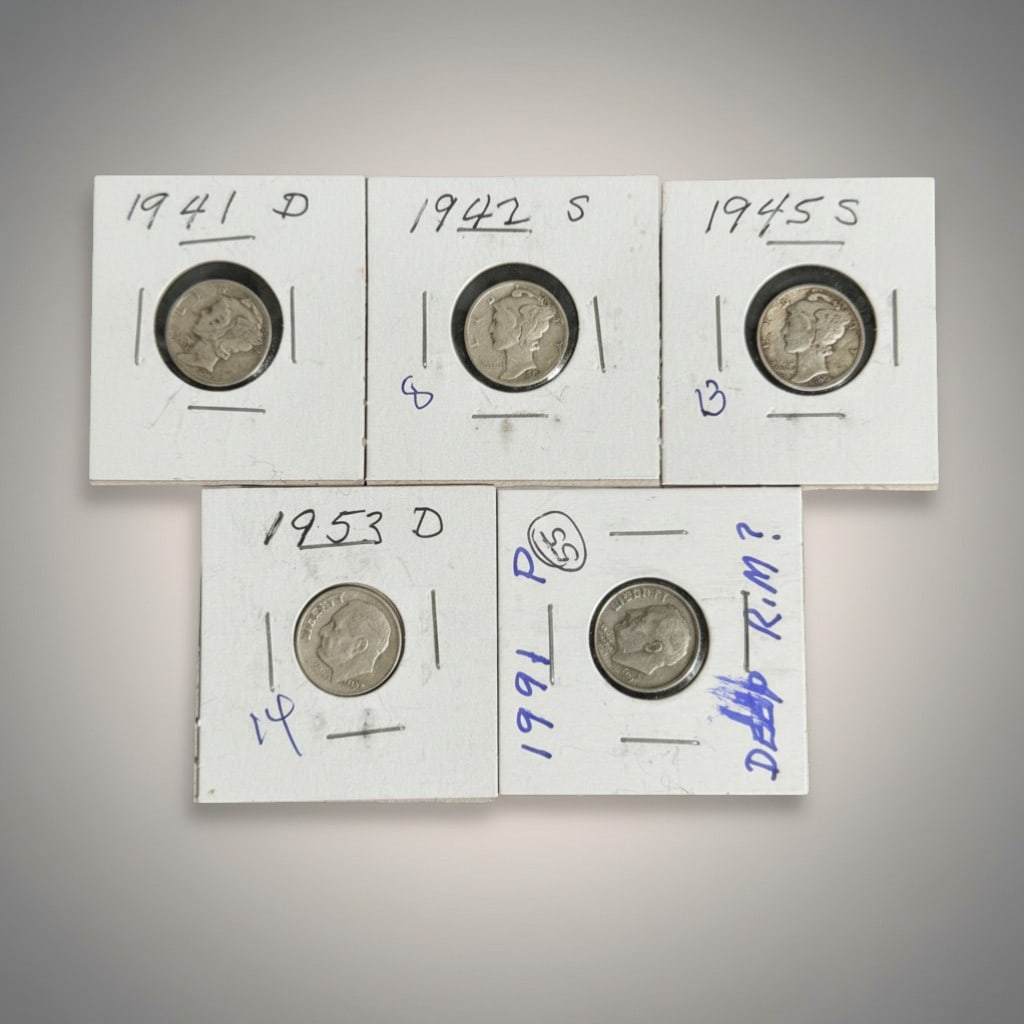 Group of Five United States Silver Dimes, Including Mercury and Roosevelt Types (1 of 2)