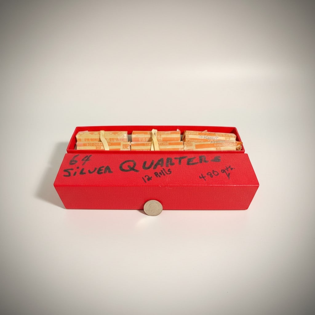Collection of Sixty-Four U.S. Silver Washington Quarters in Original Rolls: Collection of sixty-four United States Washington silver quarters, stored primarily in original paper coin rolls, housed within a red storage box labeled ?Silver Quarters ? 12 Rolls.? A representative