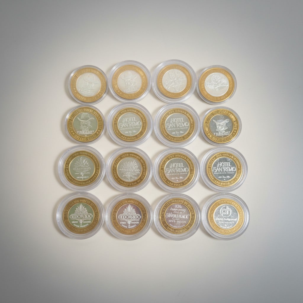 Eleven Mixed Las Vegas and Reno $10 Silver Strike Gaming Tokens (.999 Fine Silver Centers): Group of eleven Silver Strike slot tokens issued by various Las Vegas and Reno casinos including examples from Fremont Hotel & Casino, Hotel San Remo, Eldorado Hotel Casino Reno, Silver Legacy Resort