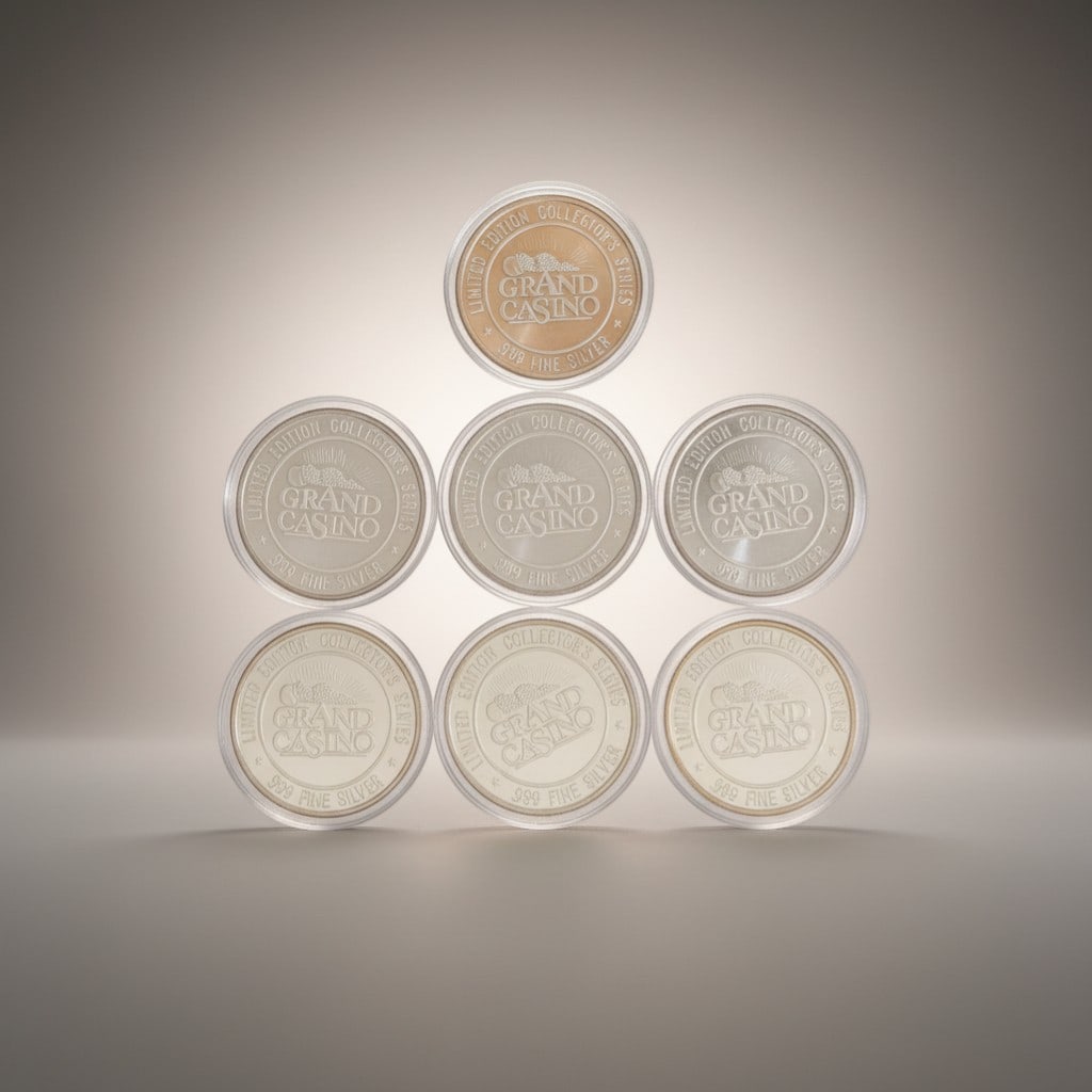 Seven Grand Casino "Western Collector's Series" 1994 Silver Strike Gaming Tokens (.999 Fine Silver): Group of seven Grand Casino Silver Strike gaming tokens from the 1994 "Western Collector's Series." Each token features a different western-themed scene including a stagecoach, cowboy on horseback, pr