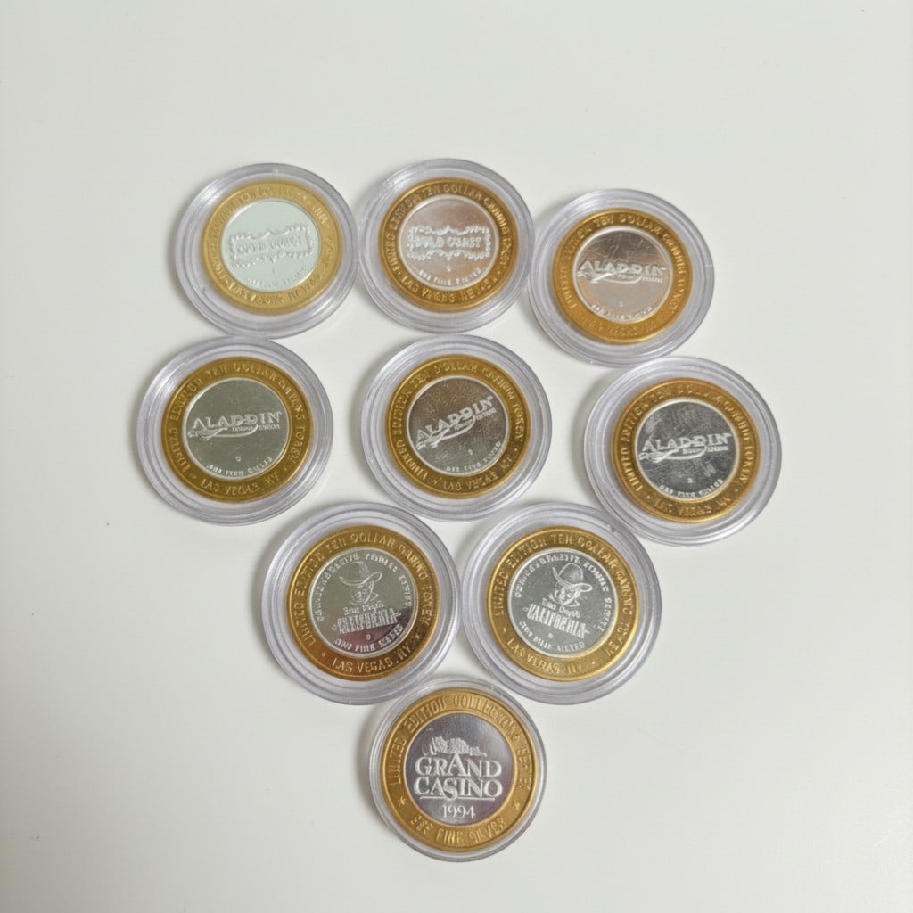 Nine Las Vegas Casino .999 Silver Strike $10 Gaming Tokens: Group of nine limited edition $10 casino gaming tokens, commonly known as ?silver strikes,? each featuring a .999 fine silver center encased within a brass outer ring. This collection includes example