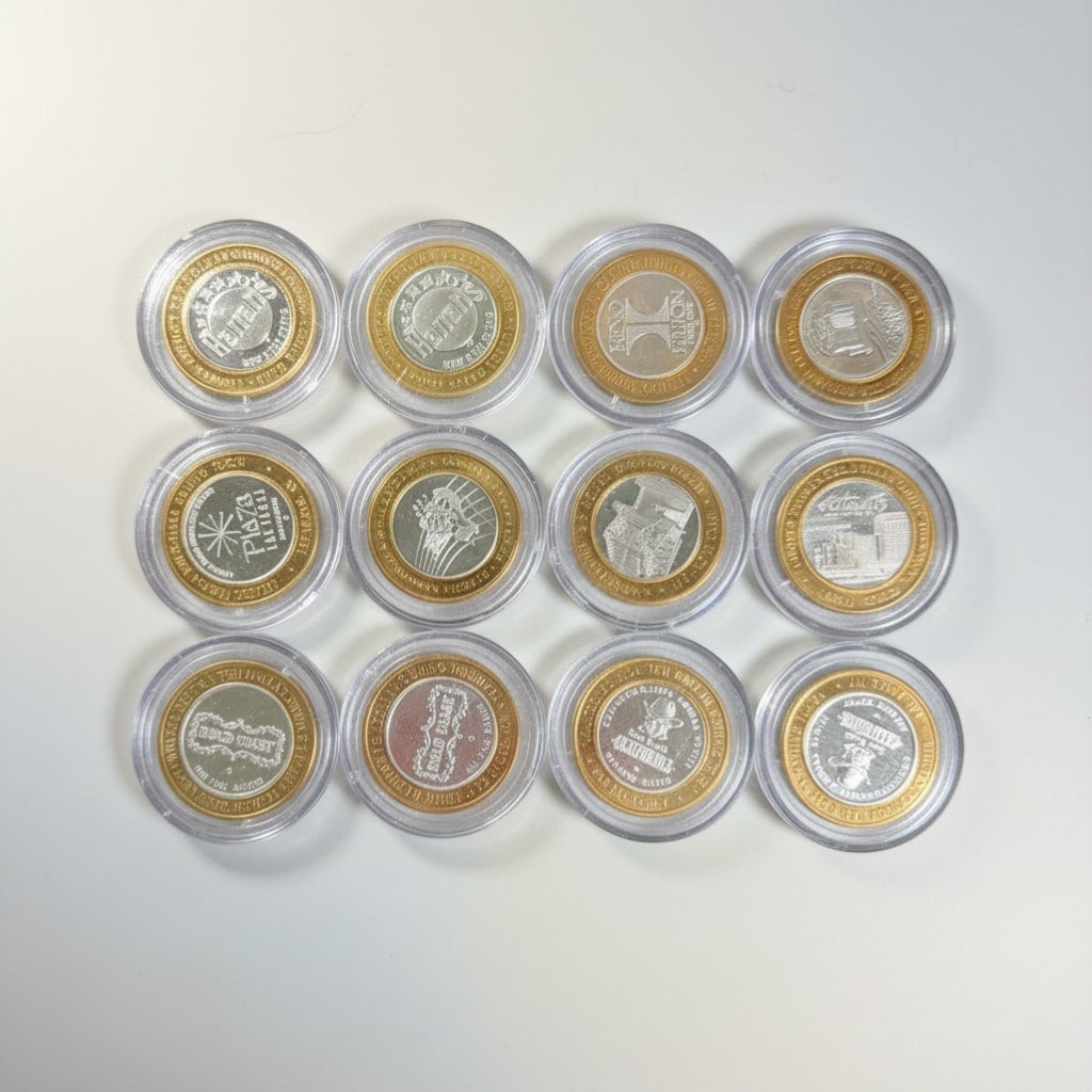 Twelve Las Vegas Casino .999 Silver Strike $10 Gaming Tokens: Collection of twelve limited edition $10 Las Vegas casino gaming tokens, commonly known as ?silver strikes.? Each example features a .999 fine silver center surrounded by a brass outer ring and was is
