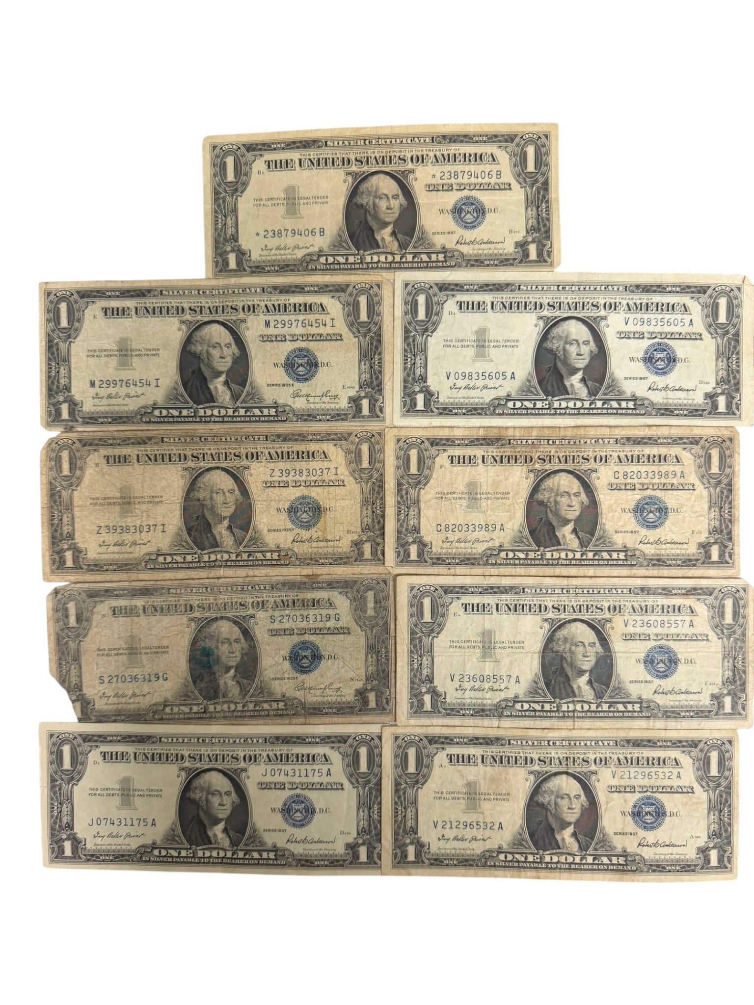 Group of Ten (10) 1957 $1 Silver Certificates, Including Star Note (1 of 4)