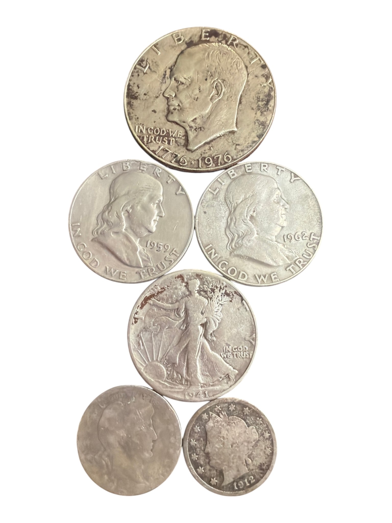 Mixed U.S. Silver Coin Group, 7 Pieces (Franklin, Walking Liberty, Barber, Peace Types) (1 of 2)