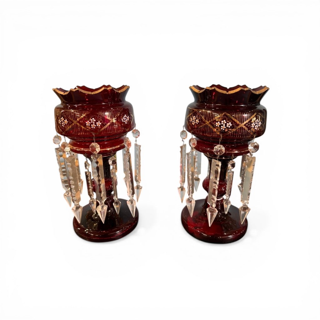 Pair of Victorian Ruby Cranberry Glass Lustres (1 of 3)