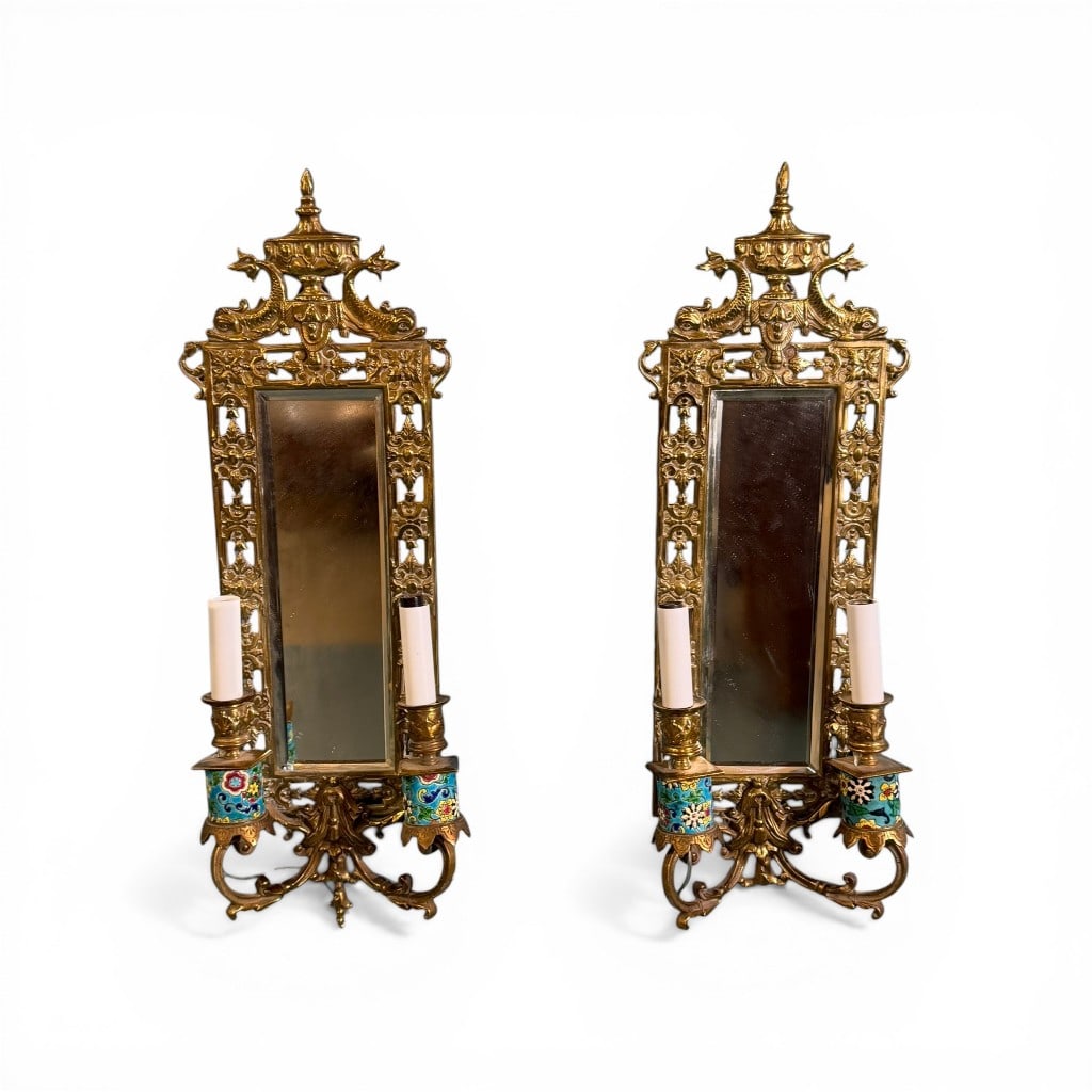 Pair of Gilt Bronze and Champlevé Enamel Two-Light Wall Sconces with Mirror (1 of 4)